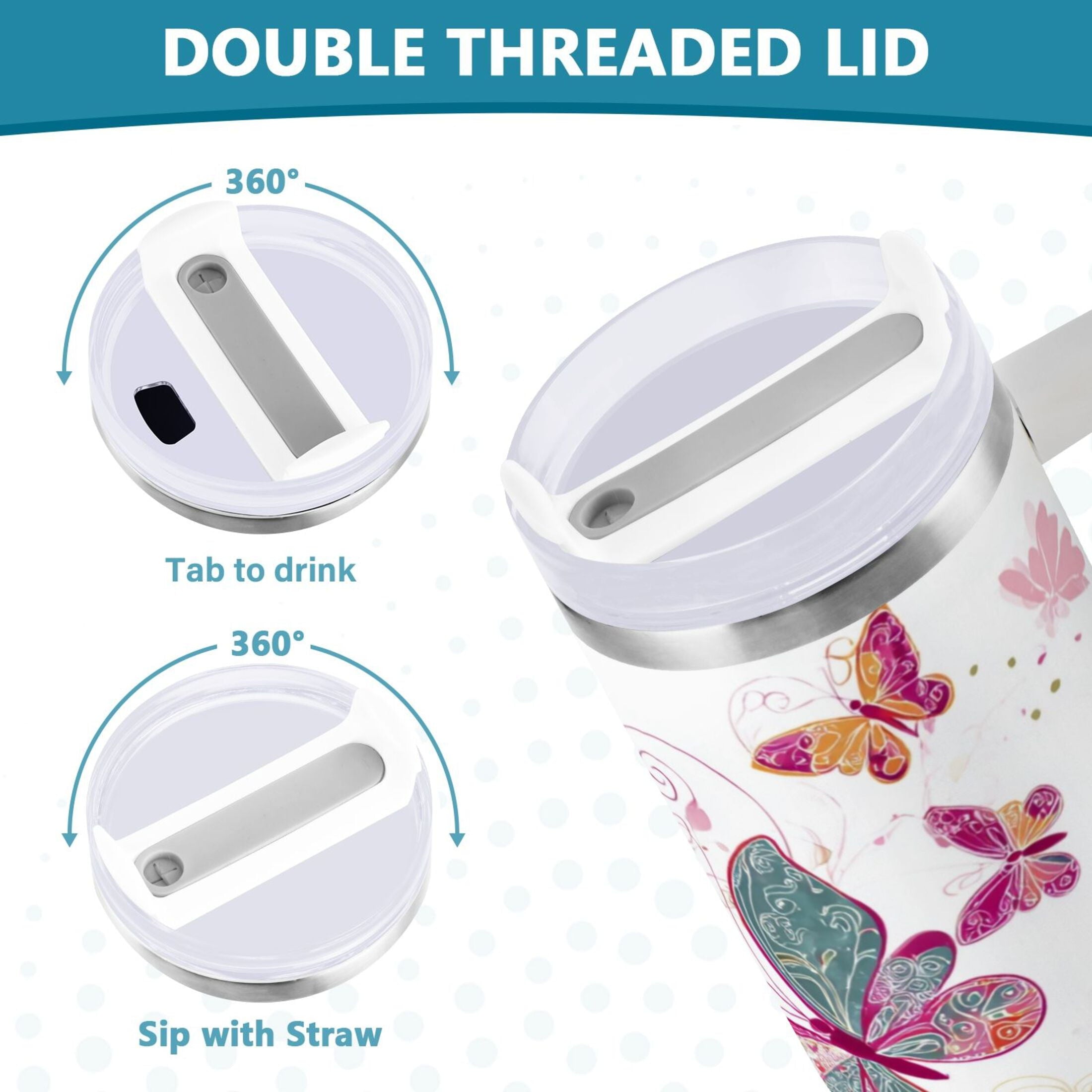30 oz Insulated Stainless Steel Tumbler Double Wall Stainless Steel Tumbler with 2-Way Drinking Colorful Butterflies M605P