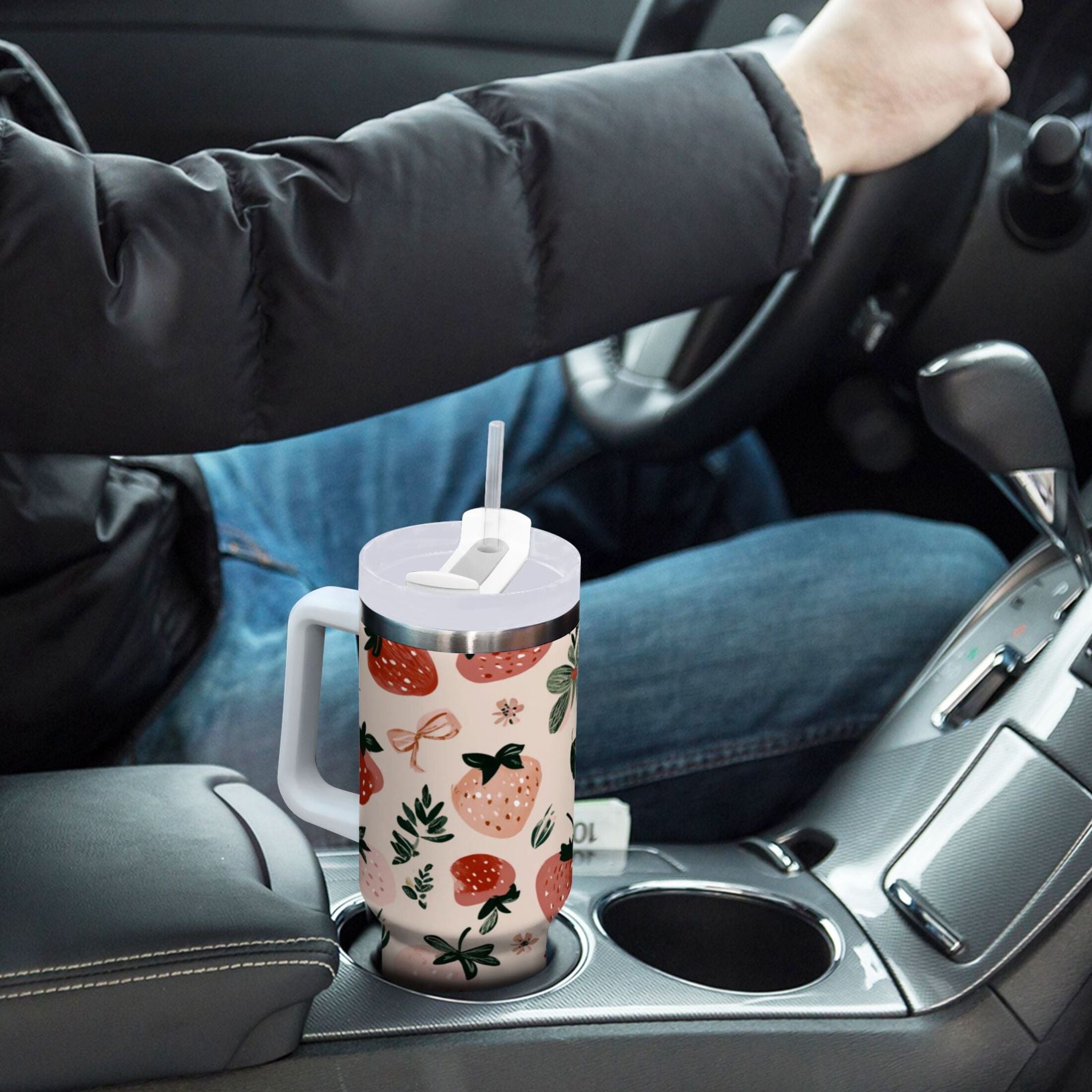 30 oz Insulated Stainless Steel Tumbler Double Wall Stainless Steel Tumbler with 2-Way Drinking Cute Pinks Strawberries M596A