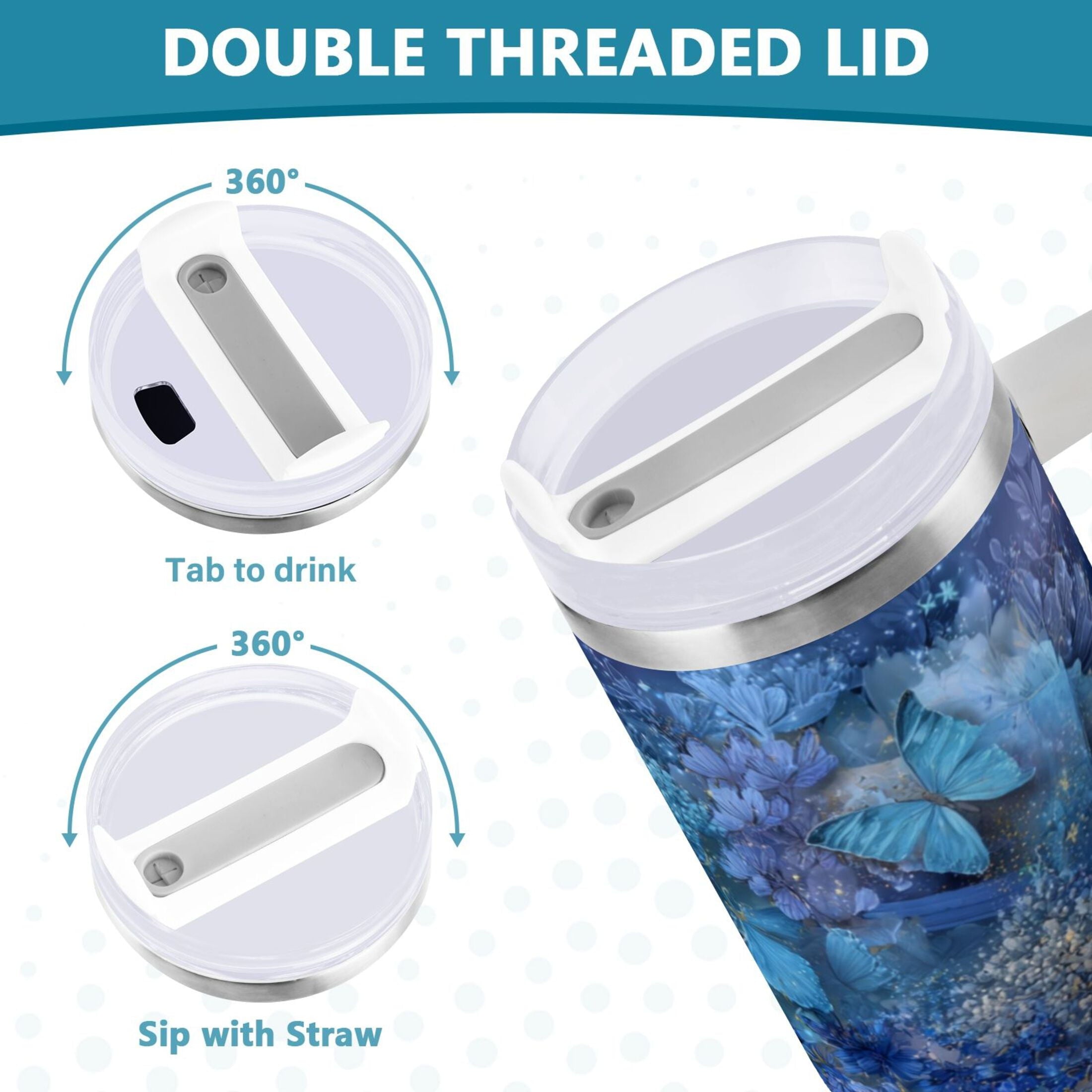 30 oz Insulated Stainless Steel Tumbler Double Wall Stainless Steel Tumbler with 2-Way Drinking Butterflies Books and Flowers M524C