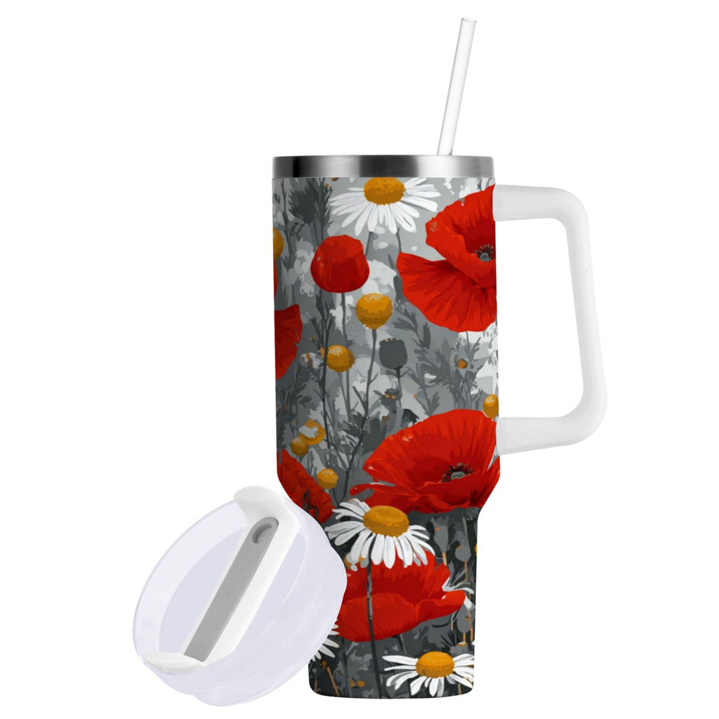 40 oz Insulated Stainless Steel Tumbler Double Wall Stainless Steel Tumbler with 2-Way Drinking Red Flowers and Daisies M498G
