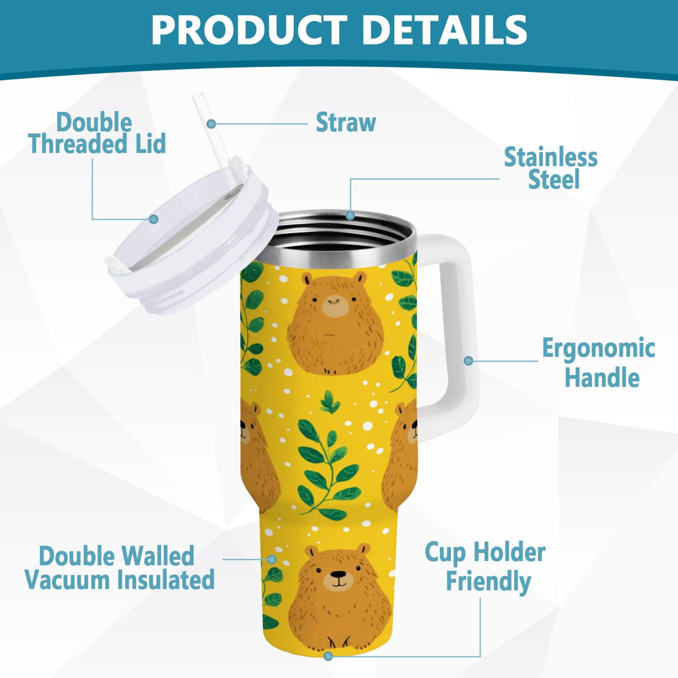 30 oz Insulated Stainless Steel Tumbler Double Wall Stainless Steel Tumbler with 2-Way Drinking Capybara and Green Leaves M658Z