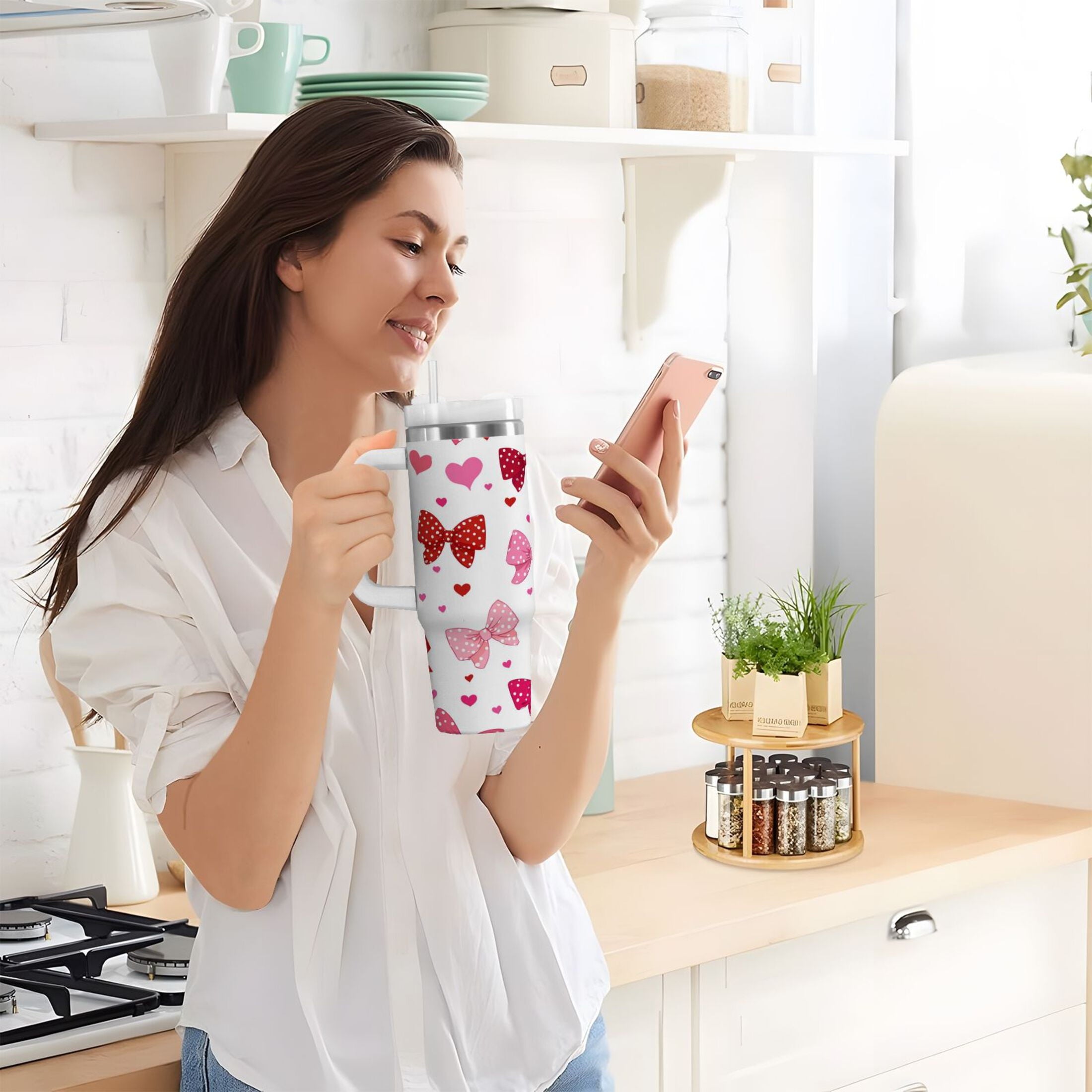 30 oz Insulated Stainless Steel Tumbler Double Wall Stainless Steel Tumbler with 2-Way Drinking Red and Pink Bows M595K