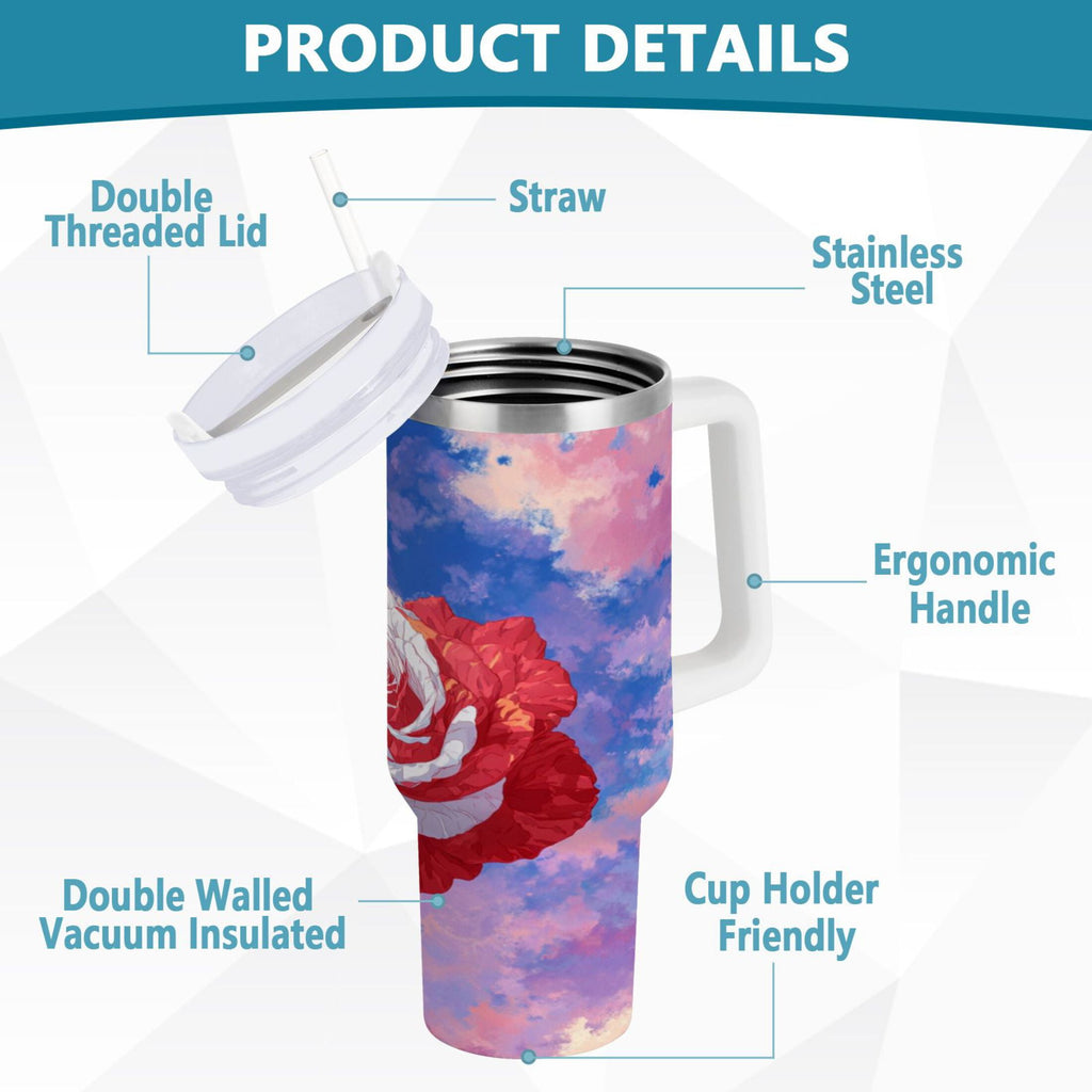 30 oz Insulated Stainless Steel Tumbler Double Wall Stainless Steel Tumbler with 2-Way Drinking Rose with Flag Pattern M547H