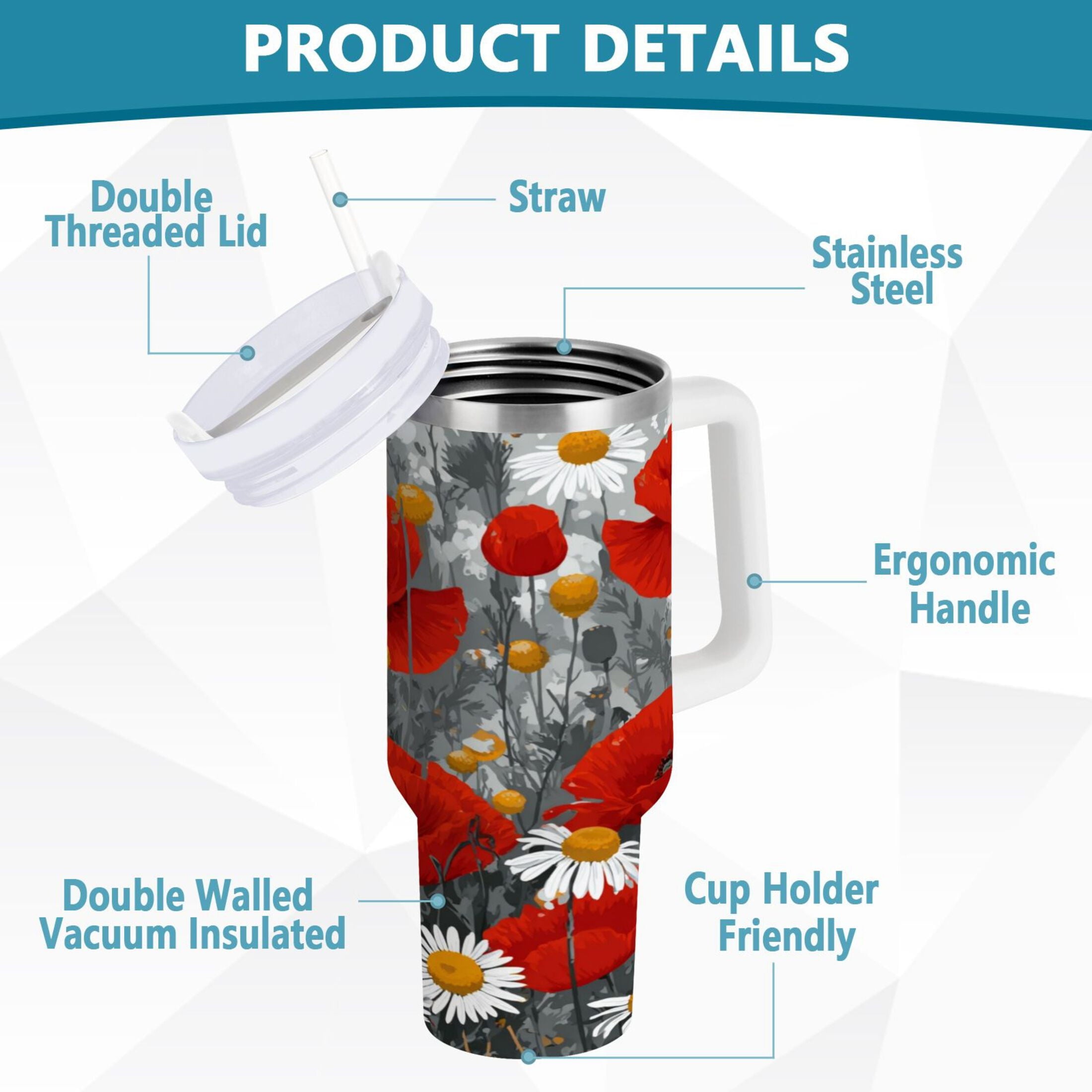 40 oz Insulated Stainless Steel Tumbler Double Wall Stainless Steel Tumbler with 2-Way Drinking Red Flowers and Daisies M498G