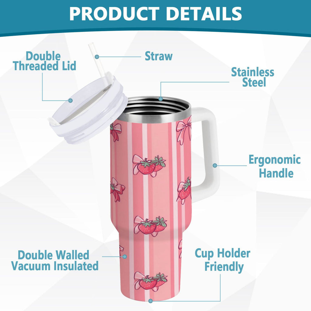 30 oz Insulated Stainless Steel Tumbler Double Wall Stainless Steel Tumbler with 2-Way Drinking Pink Bows and Strawberries M628B