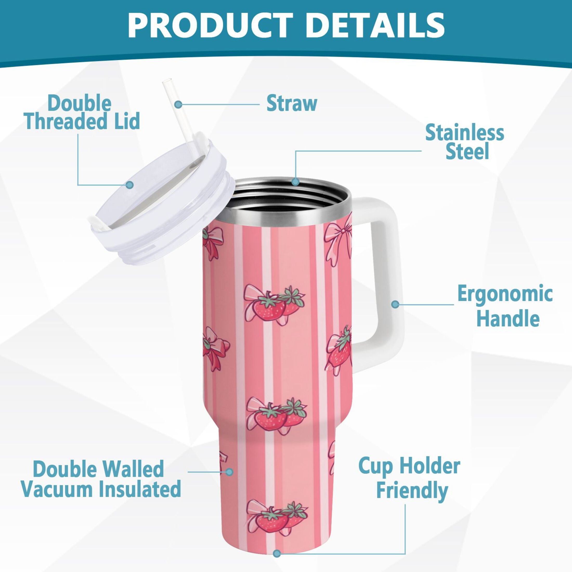 30 oz Insulated Stainless Steel Tumbler Double Wall Stainless Steel Tumbler with 2-Way Drinking Pink Bows and Strawberries M628B