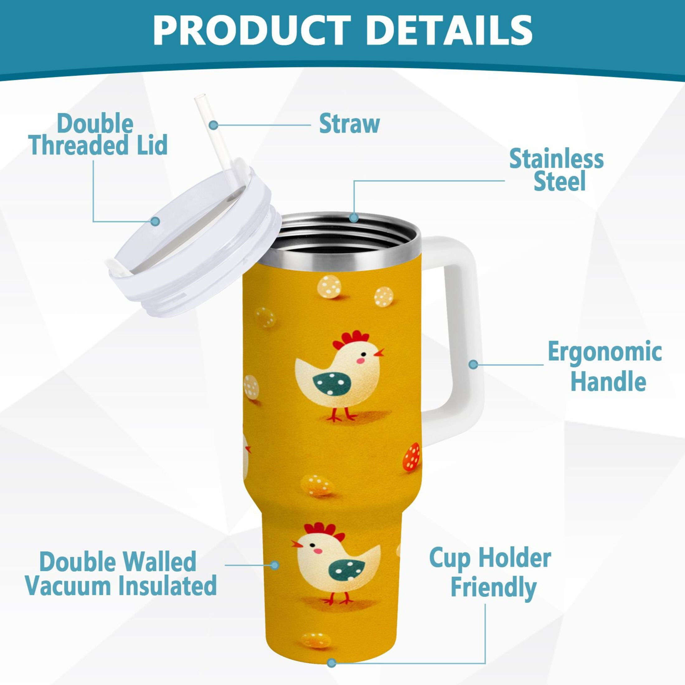 30 oz Insulated Stainless Steel Tumbler Double Wall Stainless Steel Tumbler with 2-Way Drinking Cartoon Chickens Pattern M551U