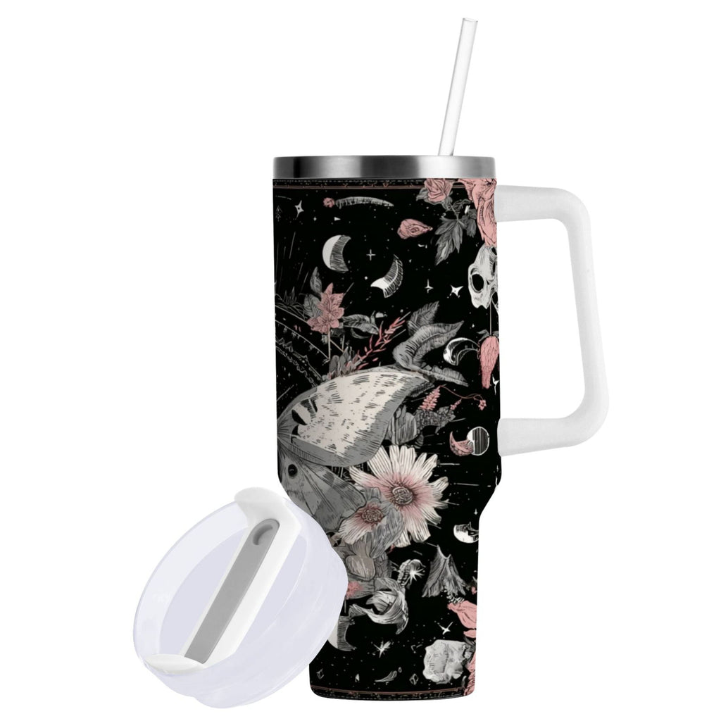 40 oz Insulated Stainless Steel Tumbler Double Wall Stainless Steel Tumbler with 2-Way Drinking Butterfly Surrounded by Flowers M640R