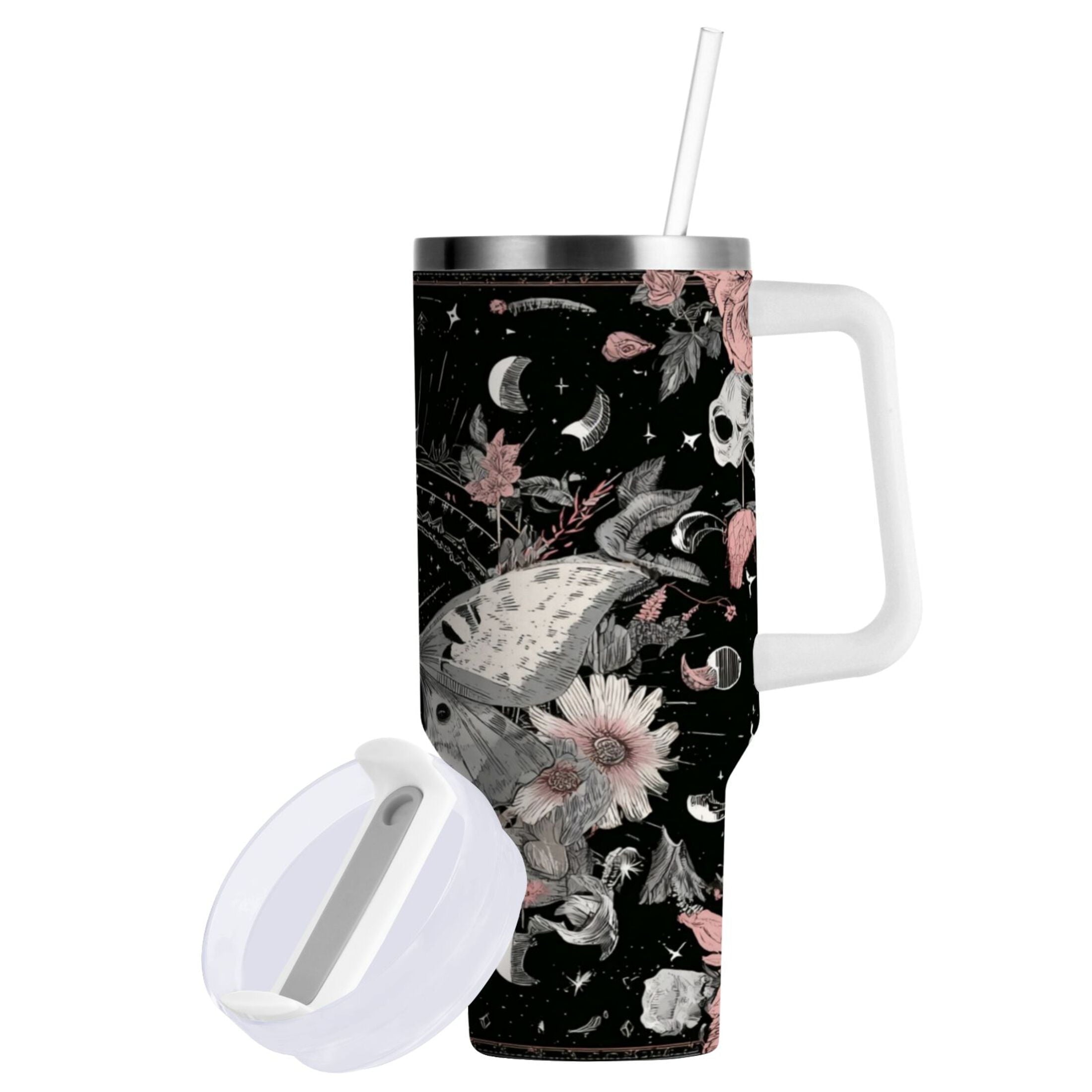 40 oz Insulated Stainless Steel Tumbler Double Wall Stainless Steel Tumbler with 2-Way Drinking Butterfly Surrounded by Flowers M640R