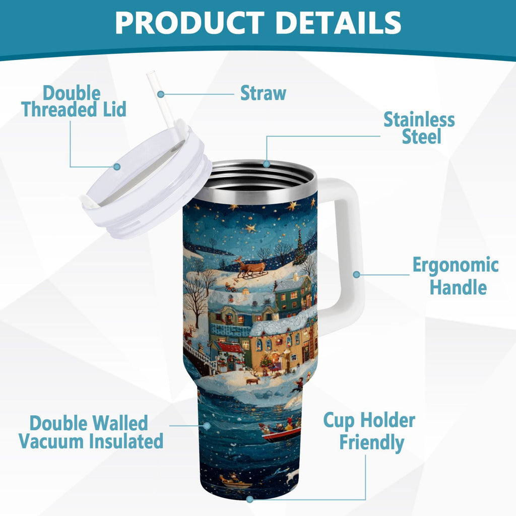 30 oz Insulated Stainless Steel Tumbler Double Wall Stainless Steel Tumbler with 2-Way Drinking Whimsical Christmas Scene M545W
