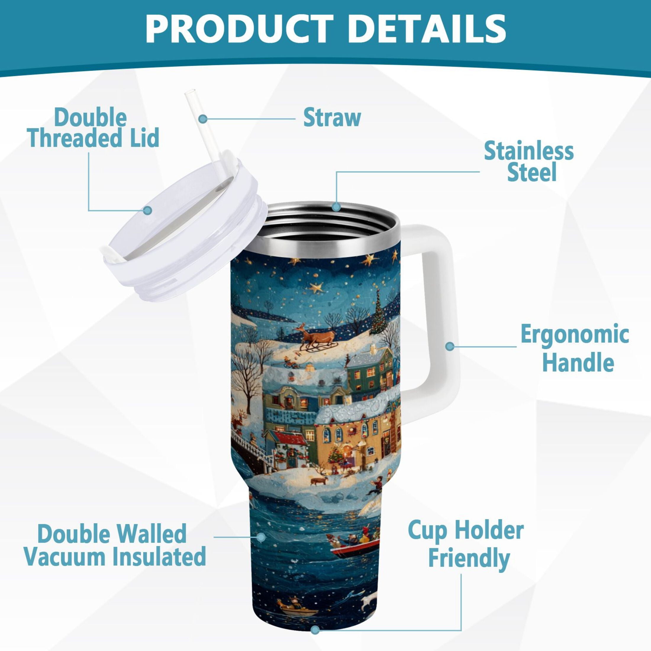 30 oz Insulated Stainless Steel Tumbler Double Wall Stainless Steel Tumbler with 2-Way Drinking Whimsical Christmas Scene M545W