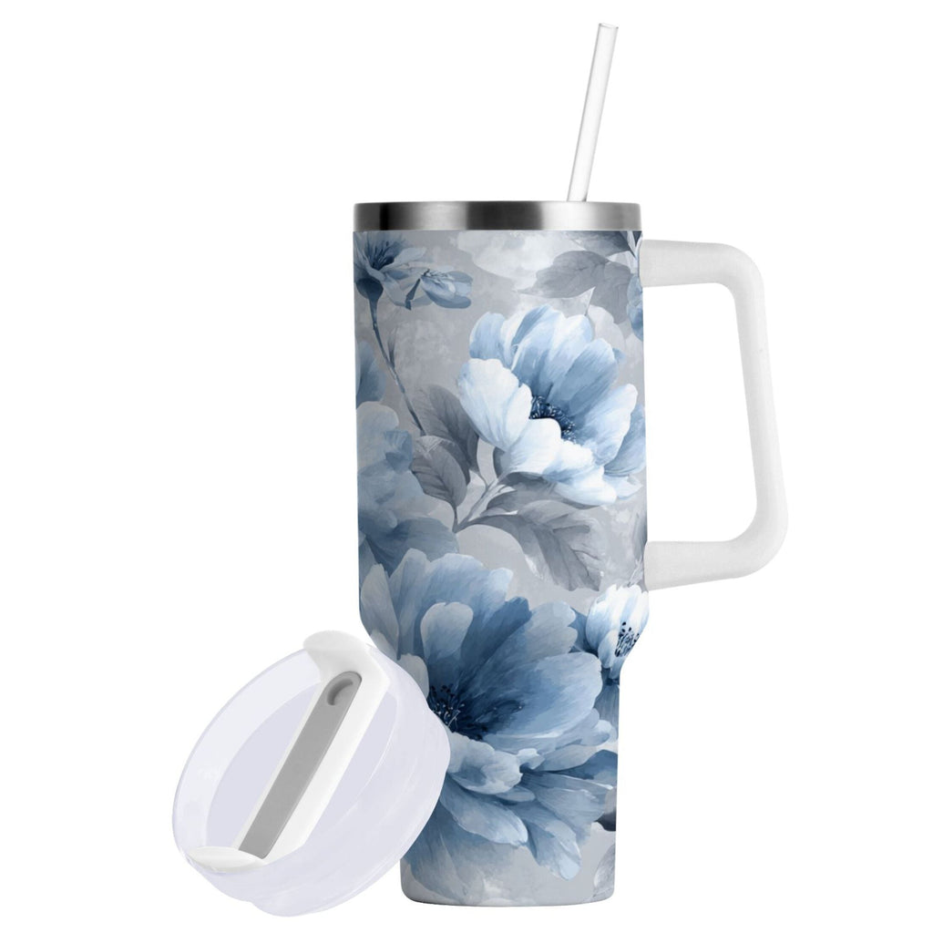40 oz Insulated Stainless Steel Tumbler Double Wall Stainless Steel Tumbler with 2-Way Drinking White Floral Pattern M584E