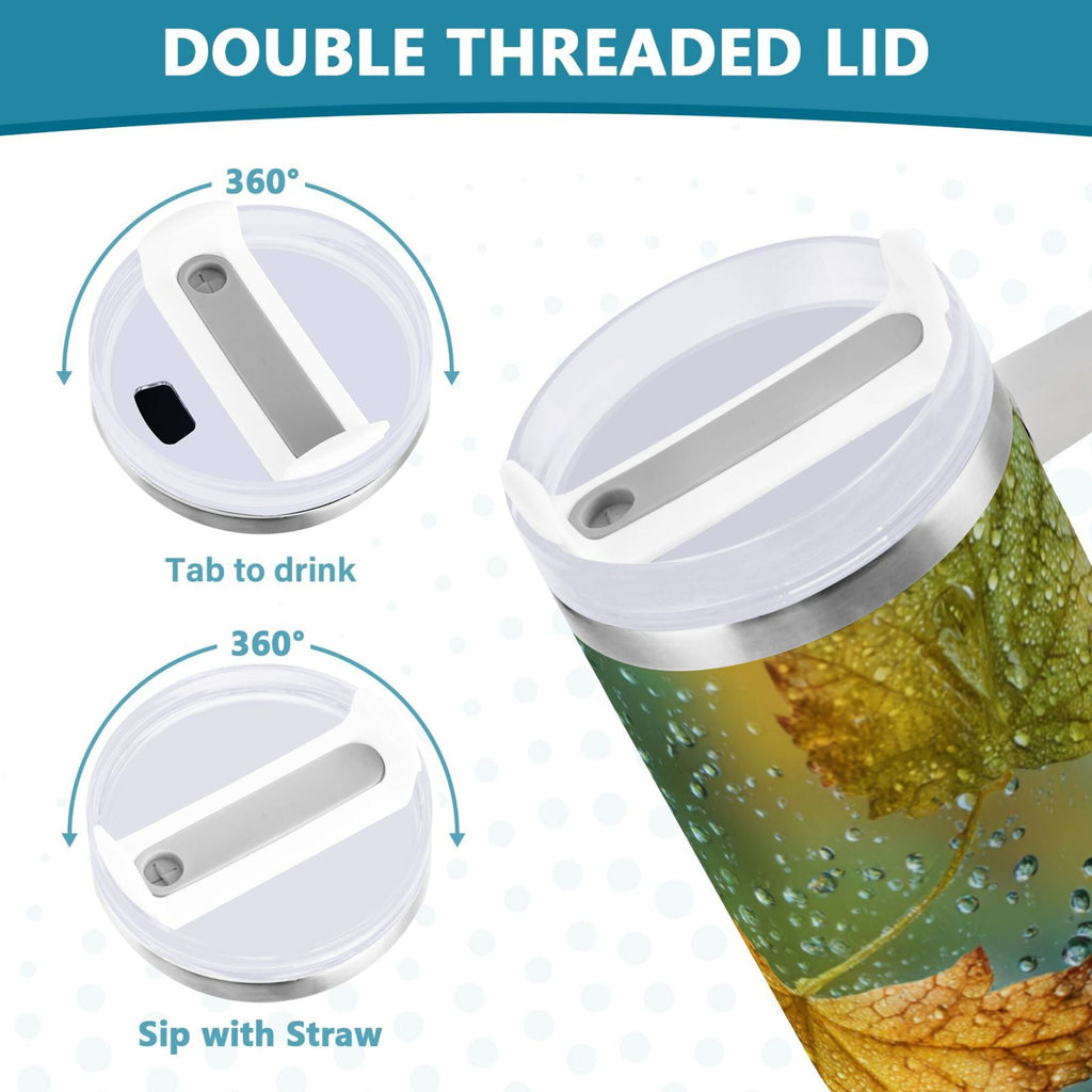 30 oz Insulated Stainless Steel Tumbler Double Wall Stainless Steel Tumbler with 2-Way Drinking Leaves with Water Droplets M500Q
