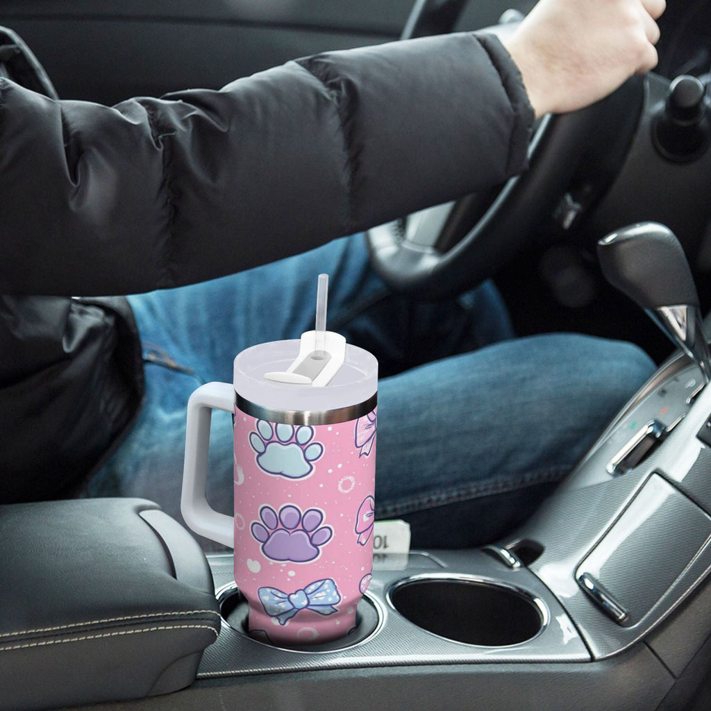 30 oz Insulated Stainless Steel Tumbler Double Wall Stainless Steel Tumbler with 2-Way Drinking Dog Paw Prints and Bows M648H