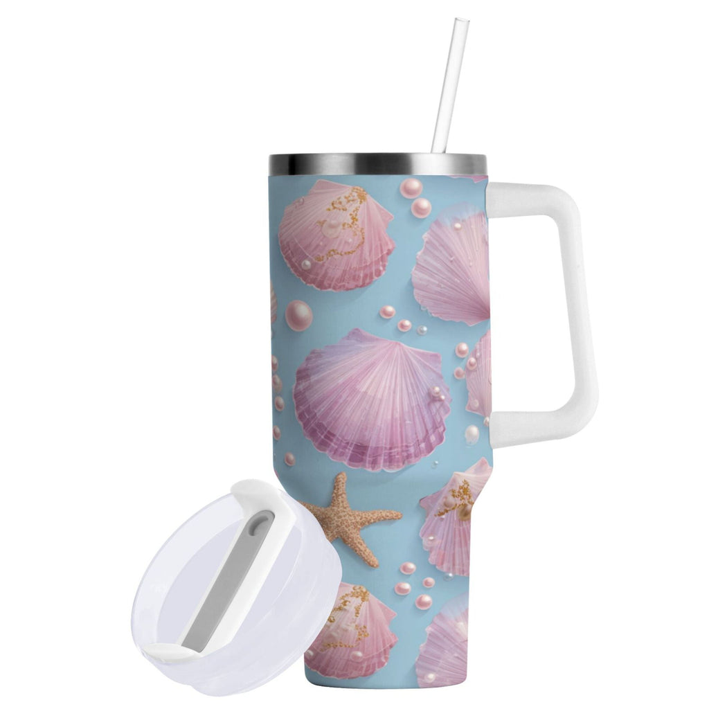 40 oz Insulated Stainless Steel Tumbler Double Wall Stainless Steel Tumbler with 2-Way Drinking Seashells and Pearls Pattern M569M