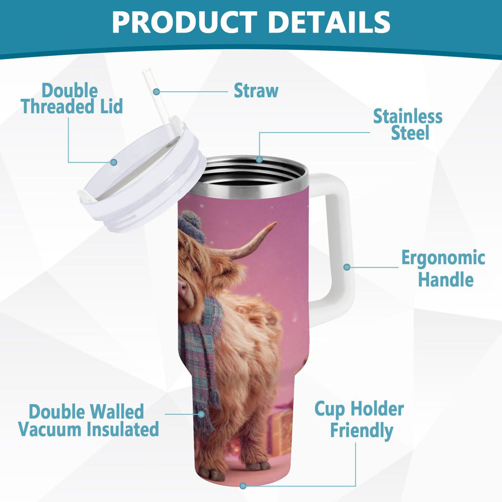30 oz Insulated Stainless Steel Tumbler Double Wall Stainless Steel Tumbler with 2-Way Drinking Cow Wearing Christmas M626P