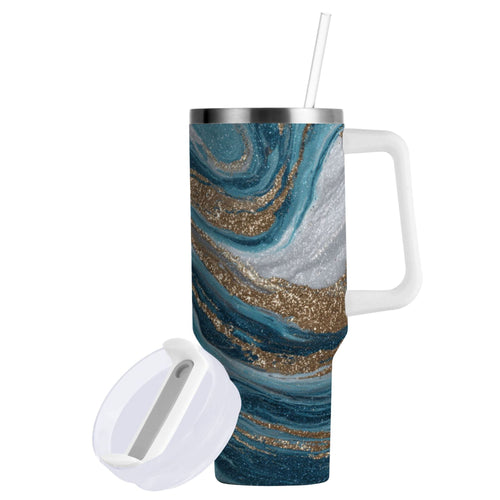 30 oz Insulated Stainless Steel Tumbler Double Wall Stainless Steel Tumbler with 2-Way Drinking Blue and Gold Swirling M497T