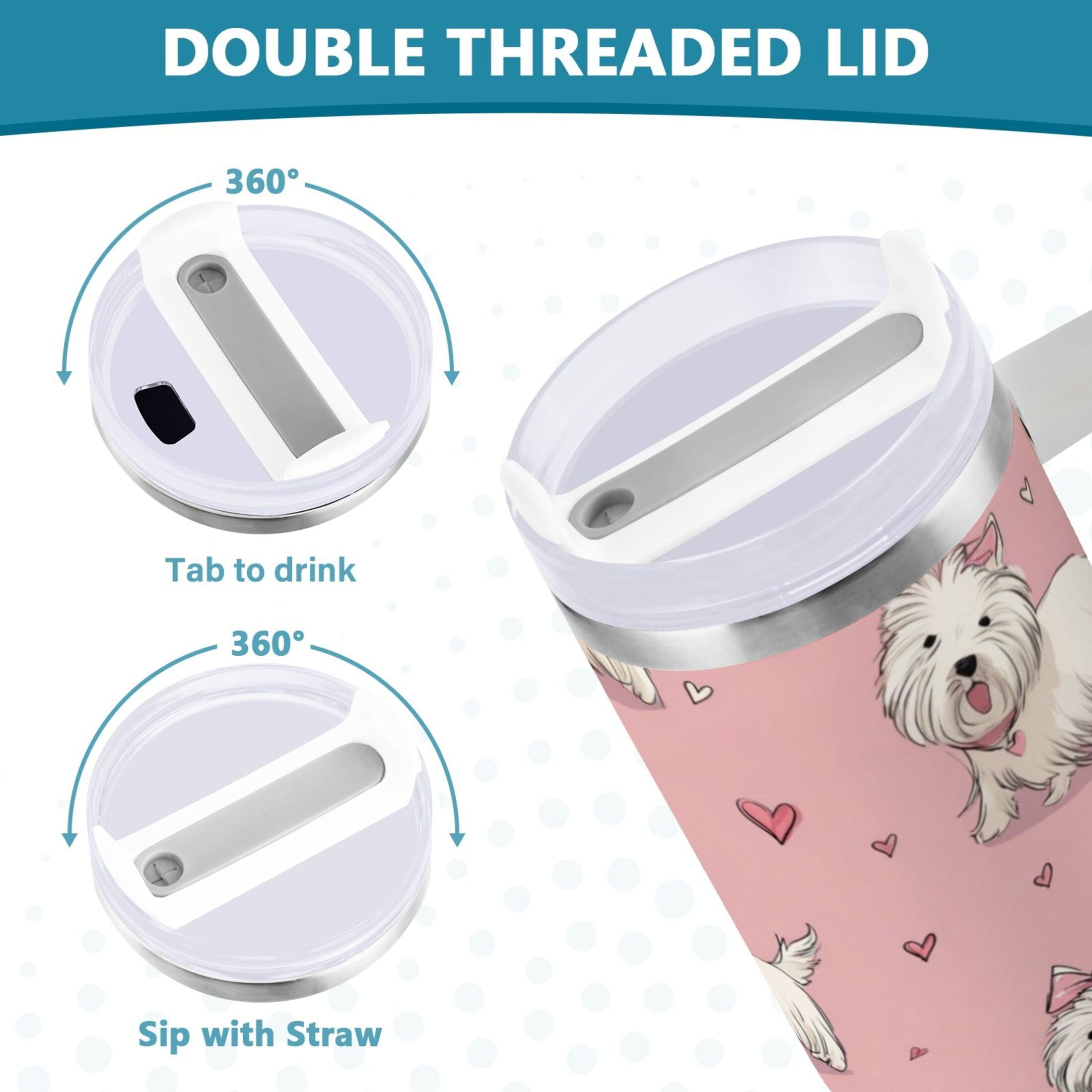 30 oz Insulated Stainless Steel Tumbler Double Wall Stainless Steel Tumbler with 2-Way Drinking Dogs Wearing Bows M659H