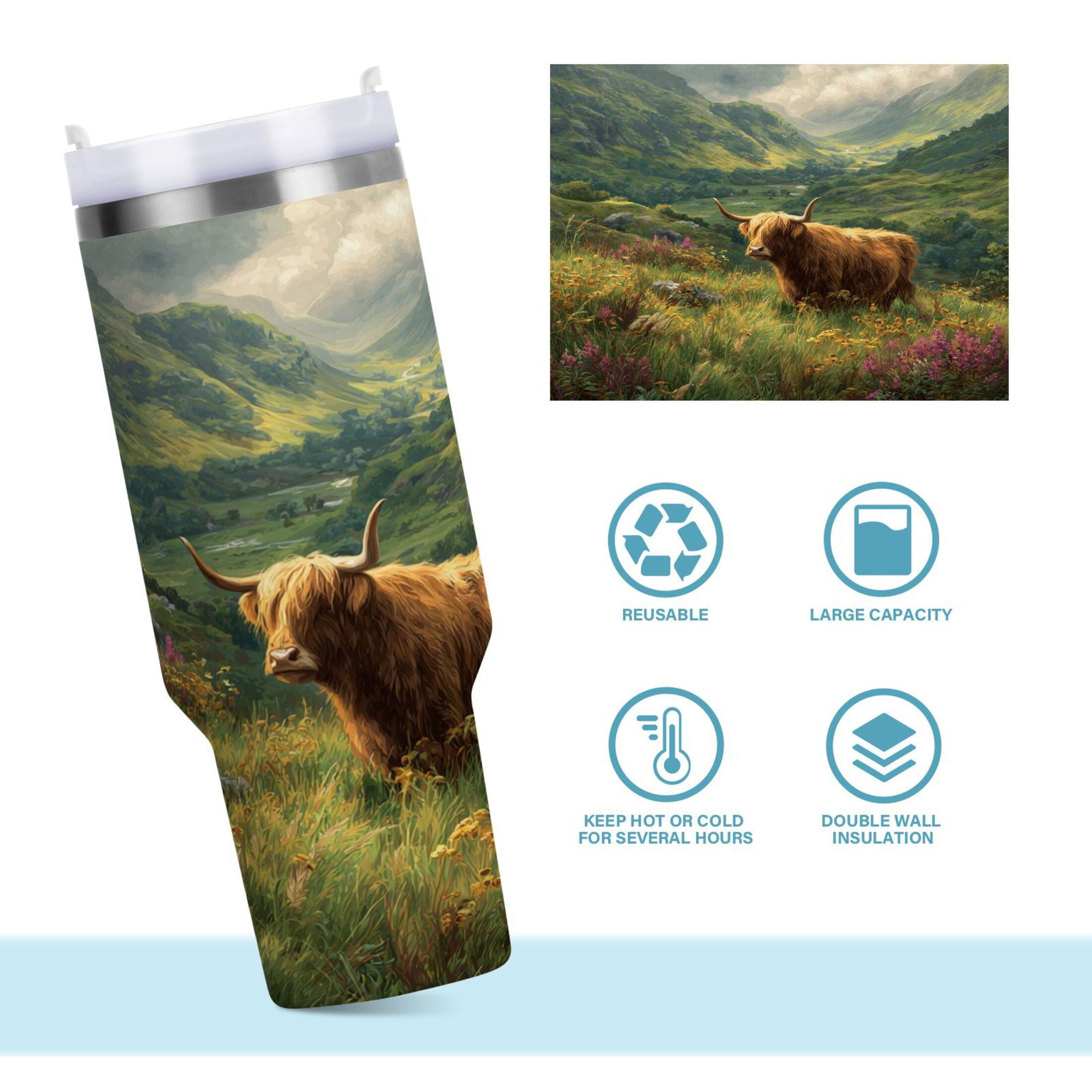 30 oz Insulated Stainless Steel Tumbler Double Wall Stainless Steel Tumbler with 2-Way Drinking Cow in Green Rolling Hills M586P
