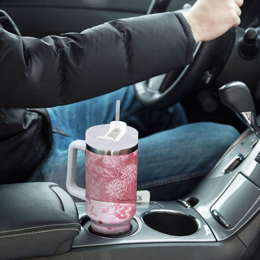 30 oz Insulated Stainless Steel Tumbler Double Wall Stainless Steel Tumbler with 2-Way Drinking Soft Pink Butterfly M561N