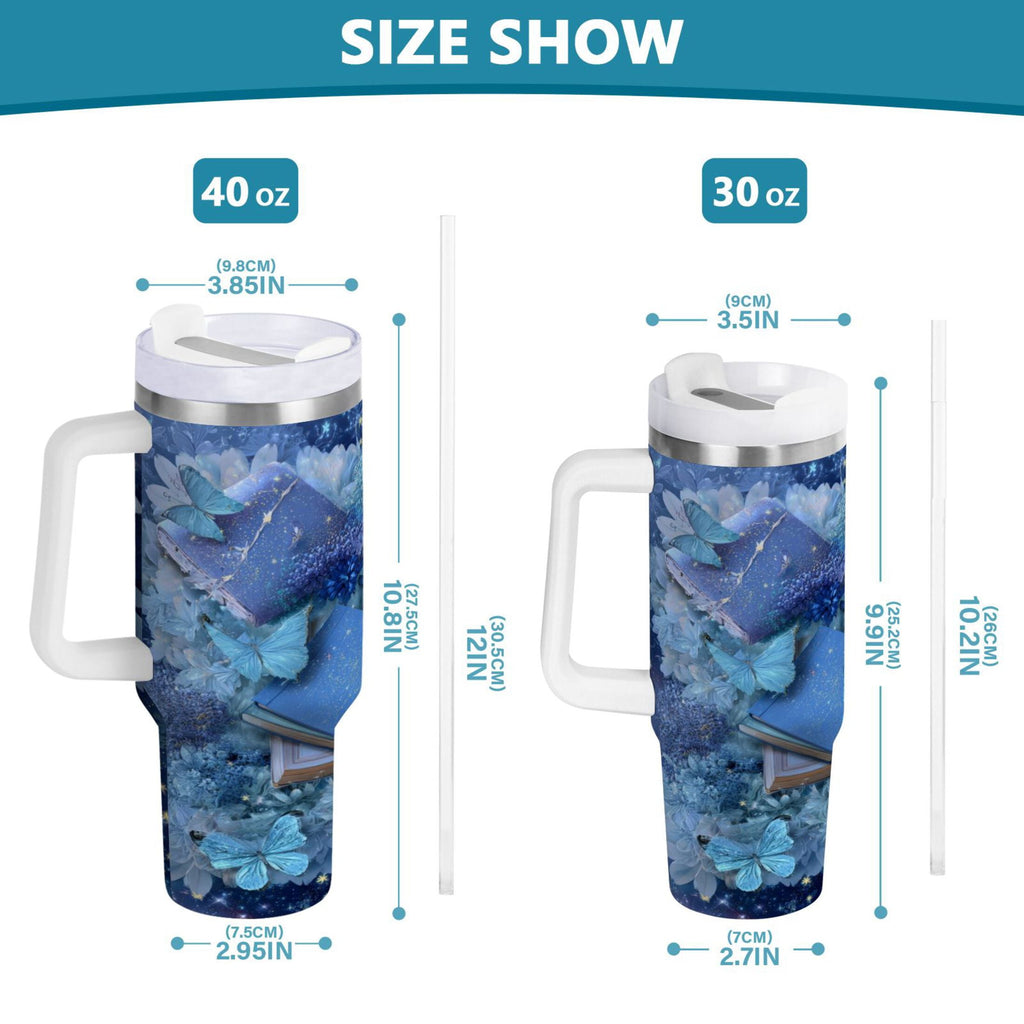 30 oz Insulated Stainless Steel Tumbler Double Wall Stainless Steel Tumbler with 2-Way Drinking Butterflies Books and Flowers M524C
