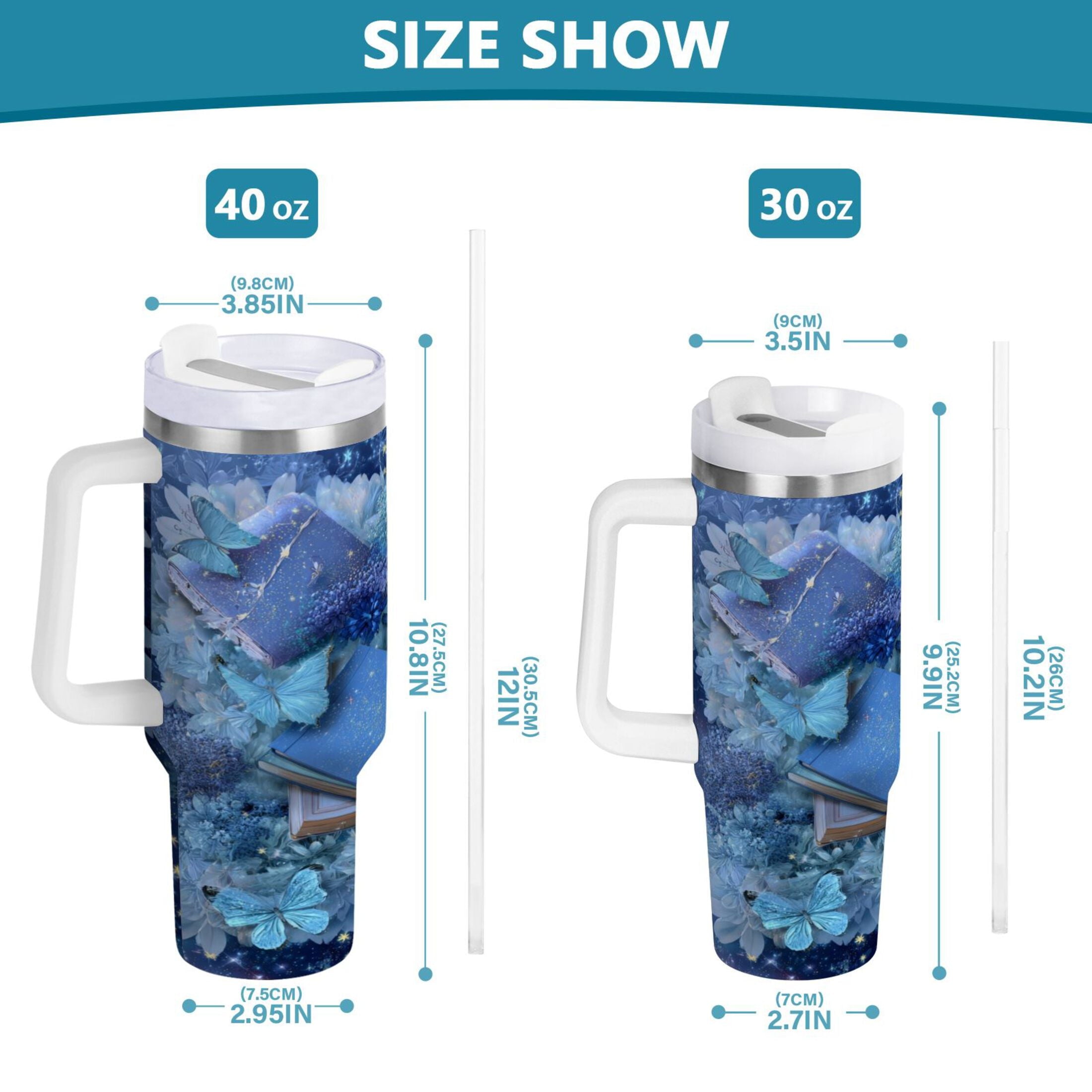 30 oz Insulated Stainless Steel Tumbler Double Wall Stainless Steel Tumbler with 2-Way Drinking Butterflies Books and Flowers M524C