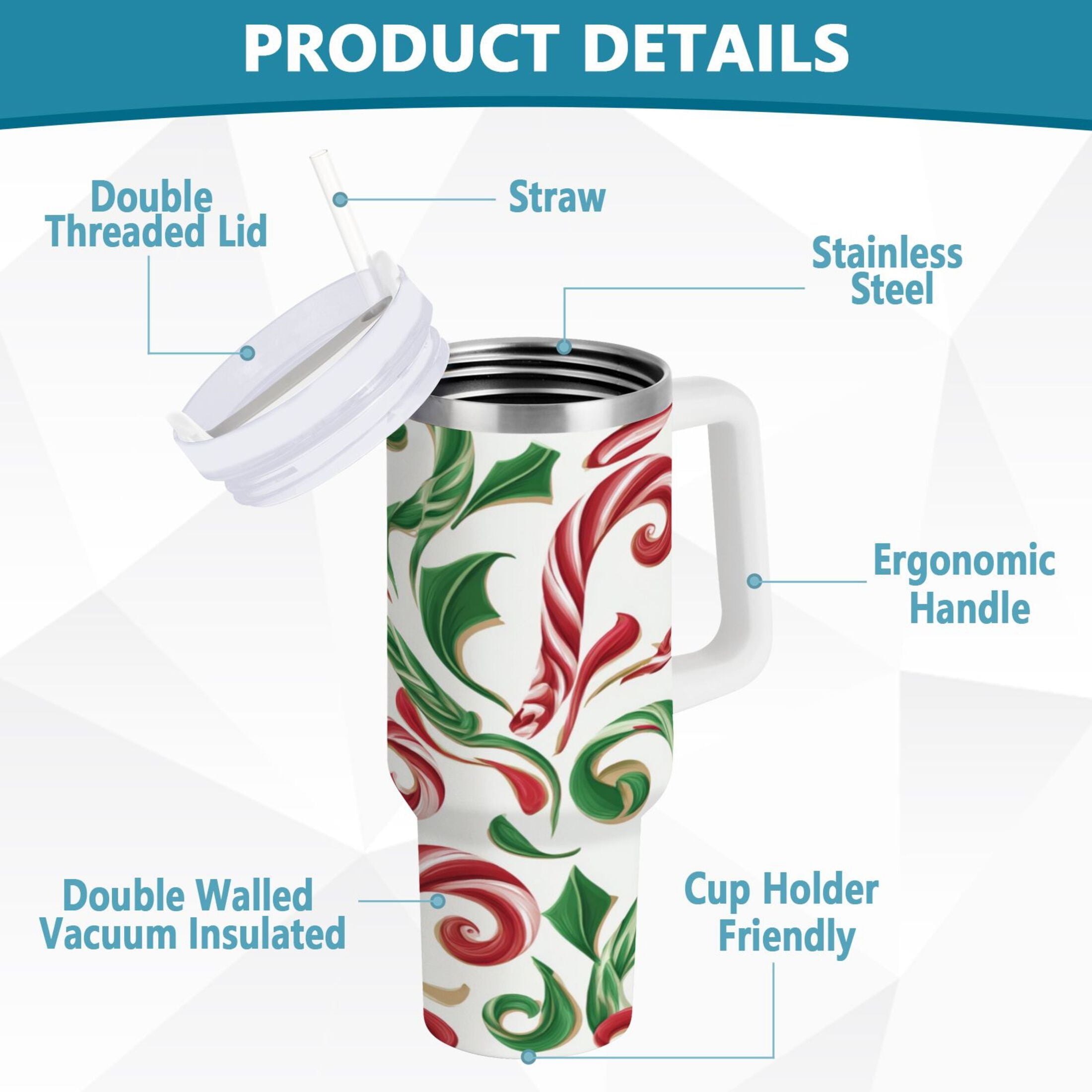 40 oz Insulated Stainless Steel Tumbler Double Wall Stainless Steel Tumbler with 2-Way Drinking Red and Green Candy-cane M573J