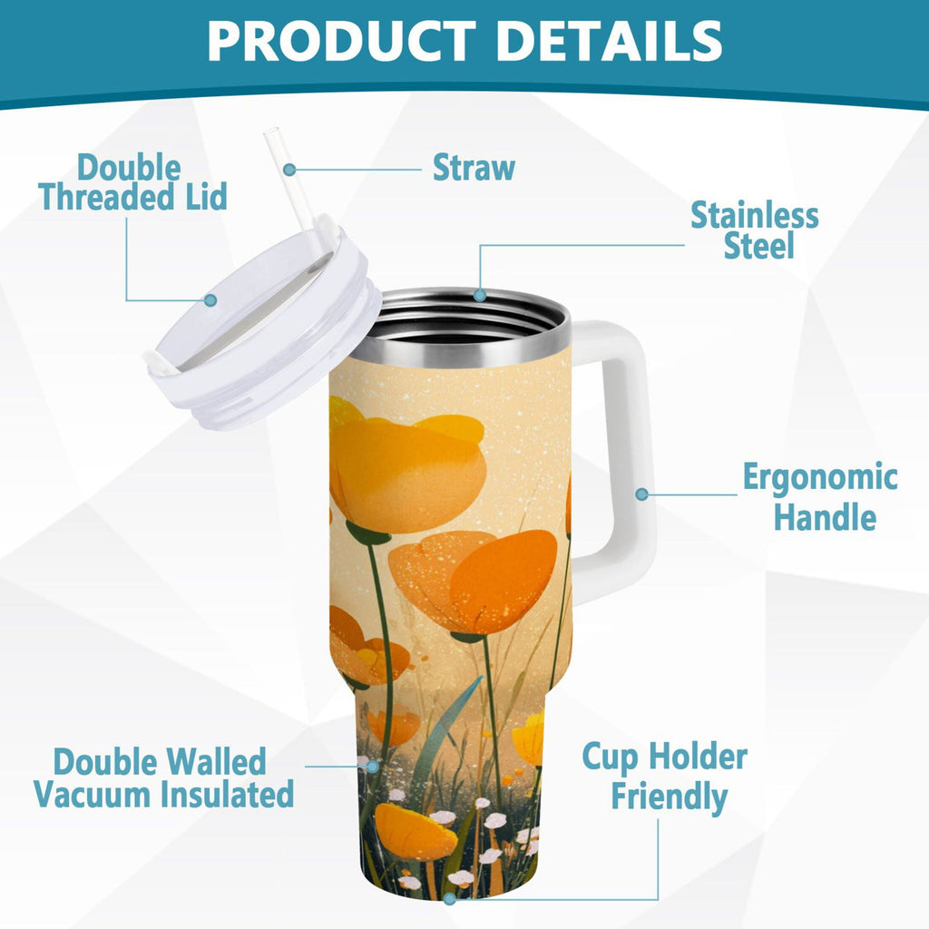 30 oz Insulated Stainless Steel Tumbler Double Wall Stainless Steel Tumbler with 2-Way Drinking Yellow Flowers on The Grass M594P