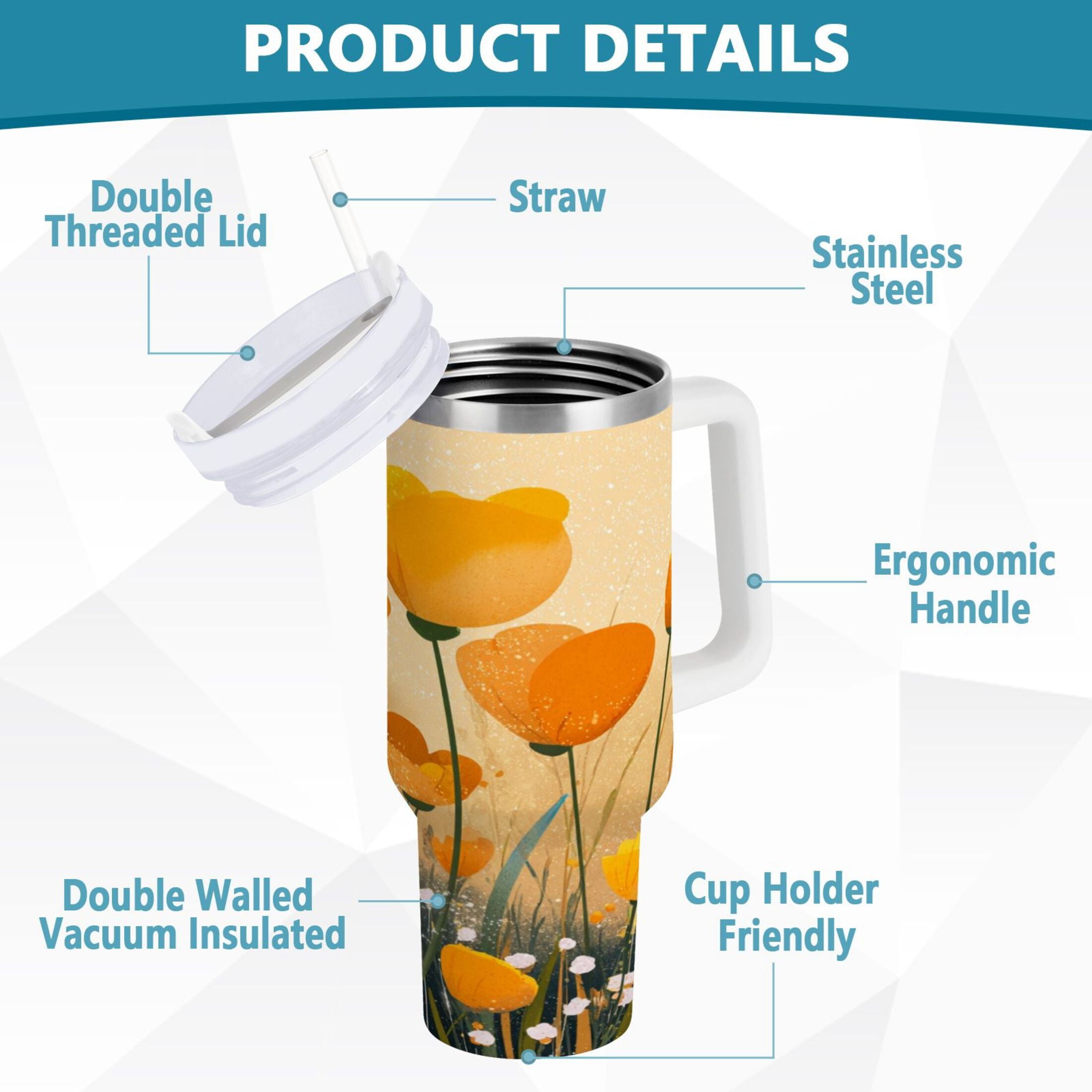 30 oz Insulated Stainless Steel Tumbler Double Wall Stainless Steel Tumbler with 2-Way Drinking Yellow Flowers on The Grass M594P