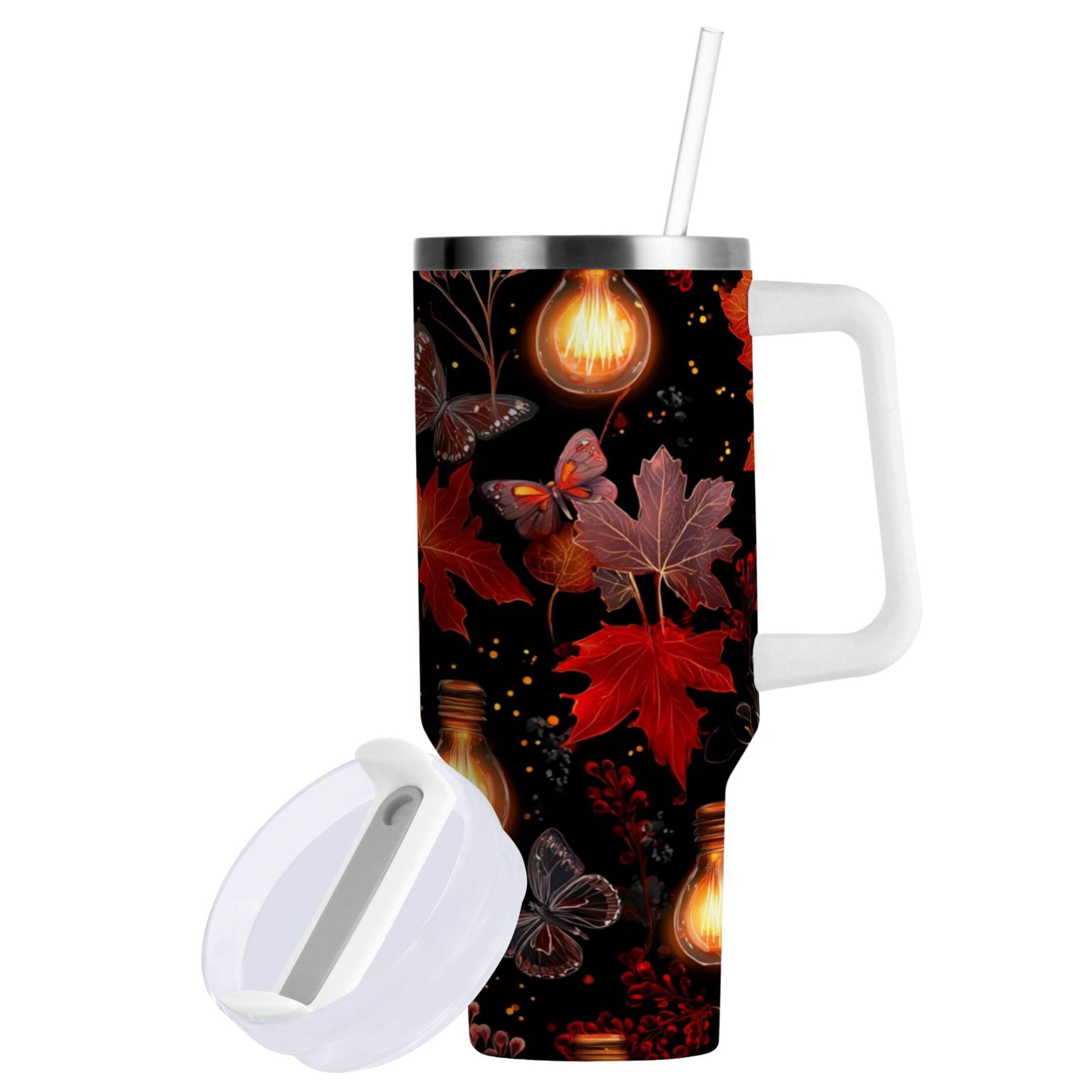 40 oz Insulated Stainless Steel Tumbler Double Wall Stainless Steel Tumbler with 2-Way Drinking Light Bulbs and Maple Leaves M534J