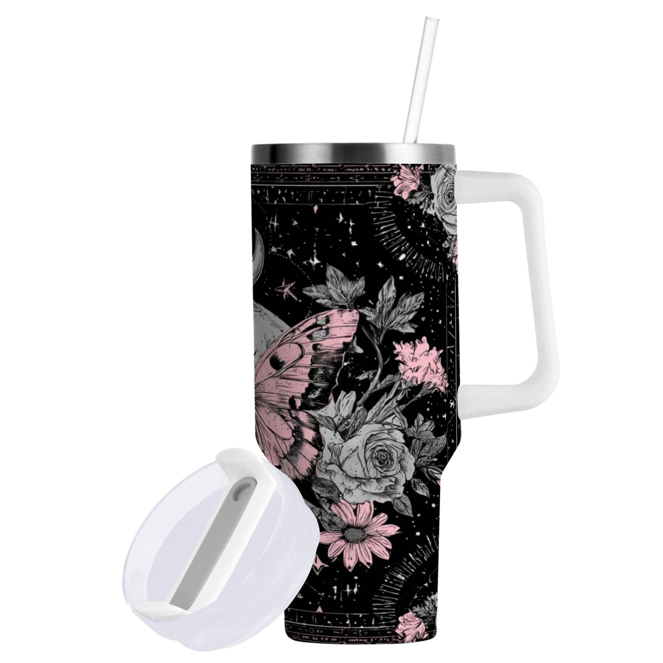 30 oz Insulated Stainless Steel Tumbler Double Wall Stainless Steel Tumbler with 2-Way Drinking Butterfly by Moon and Flowers M542U