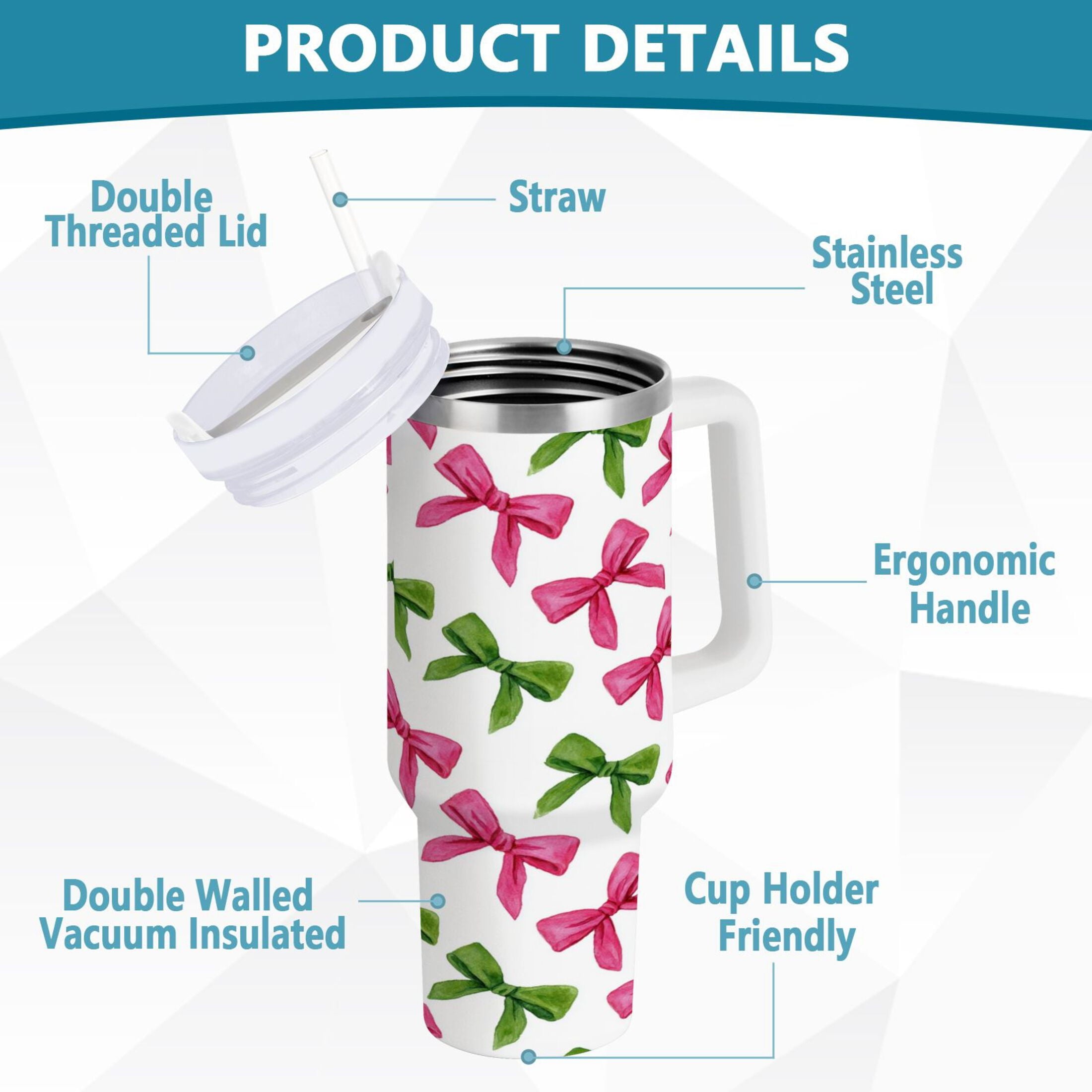 30 oz Insulated Stainless Steel Tumbler Double Wall Stainless Steel Tumbler with 2-Way Drinking Pink Bows and Green Ribbons M649U