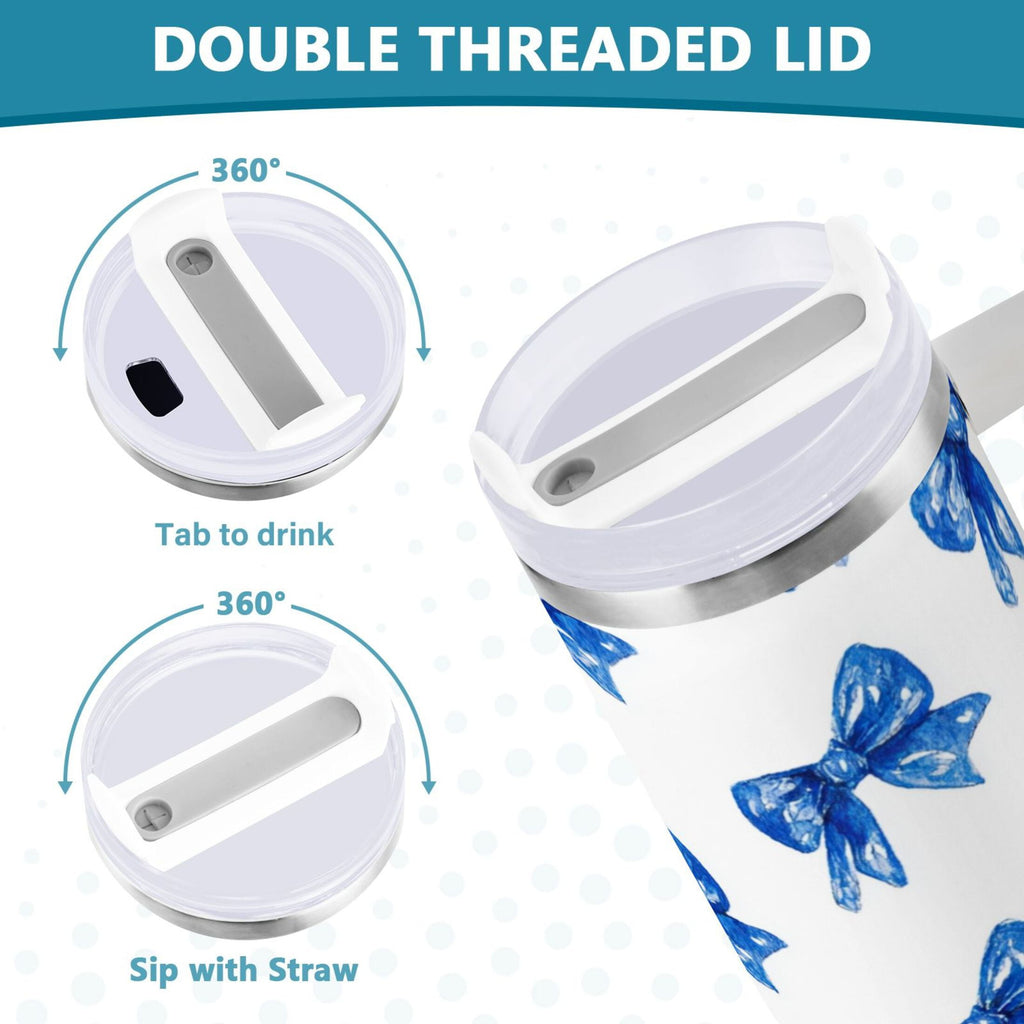30 oz Insulated Stainless Steel Tumbler Double Wall Stainless Steel Tumbler with 2-Way Drinking Blue Bows Pattern M620T