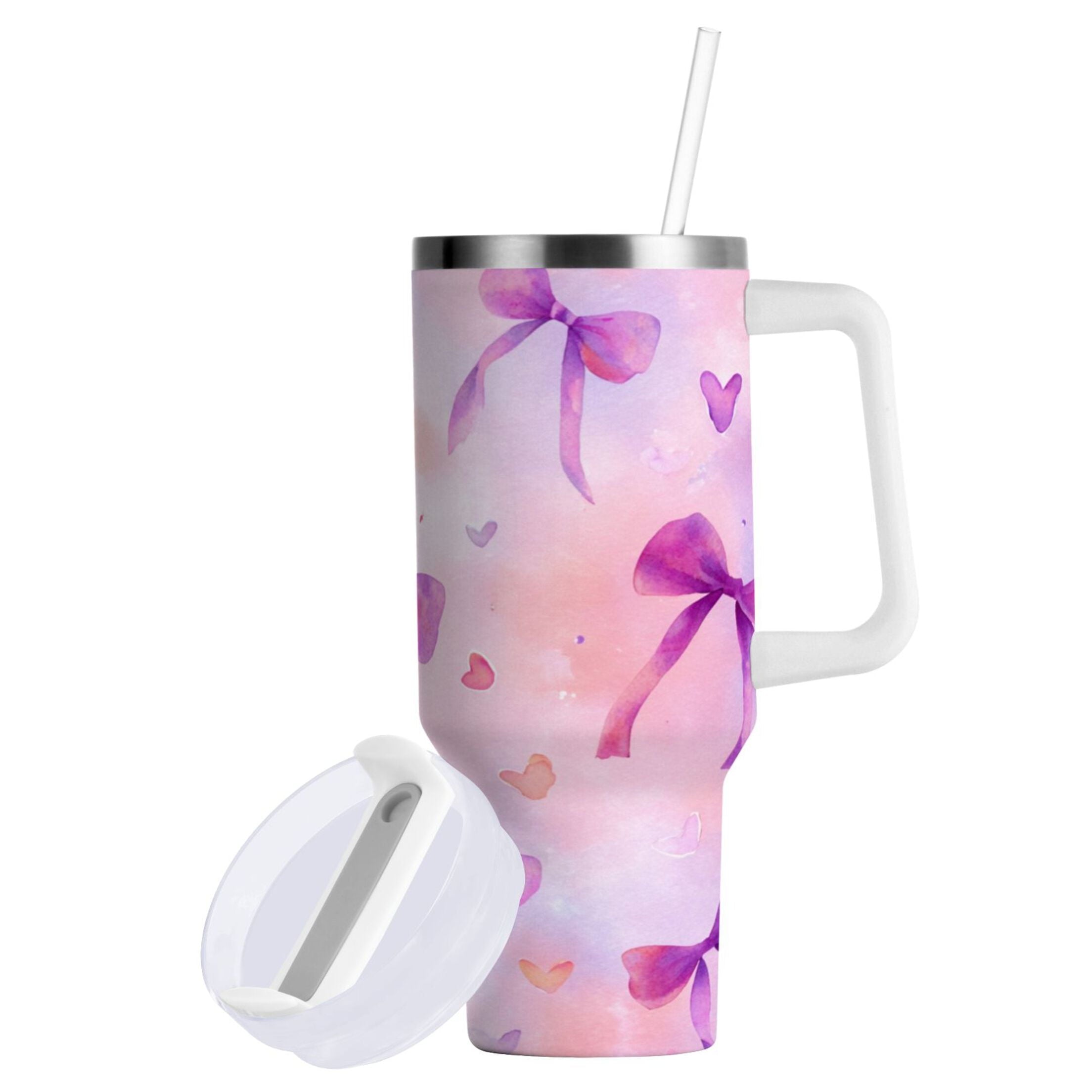 30 oz Insulated Stainless Steel Tumbler Double Wall Stainless Steel Tumbler with 2-Way Drinking Watercolor Purple Bows M591J