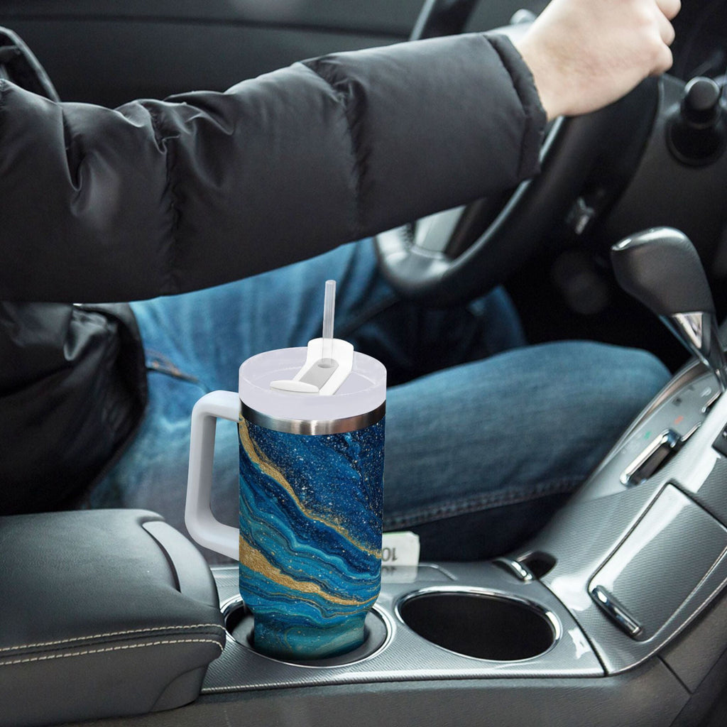 30 oz Insulated Stainless Steel Tumbler Double Wall Stainless Steel Tumbler with 2-Way Drinking Blue and Gold Ocean M507N
