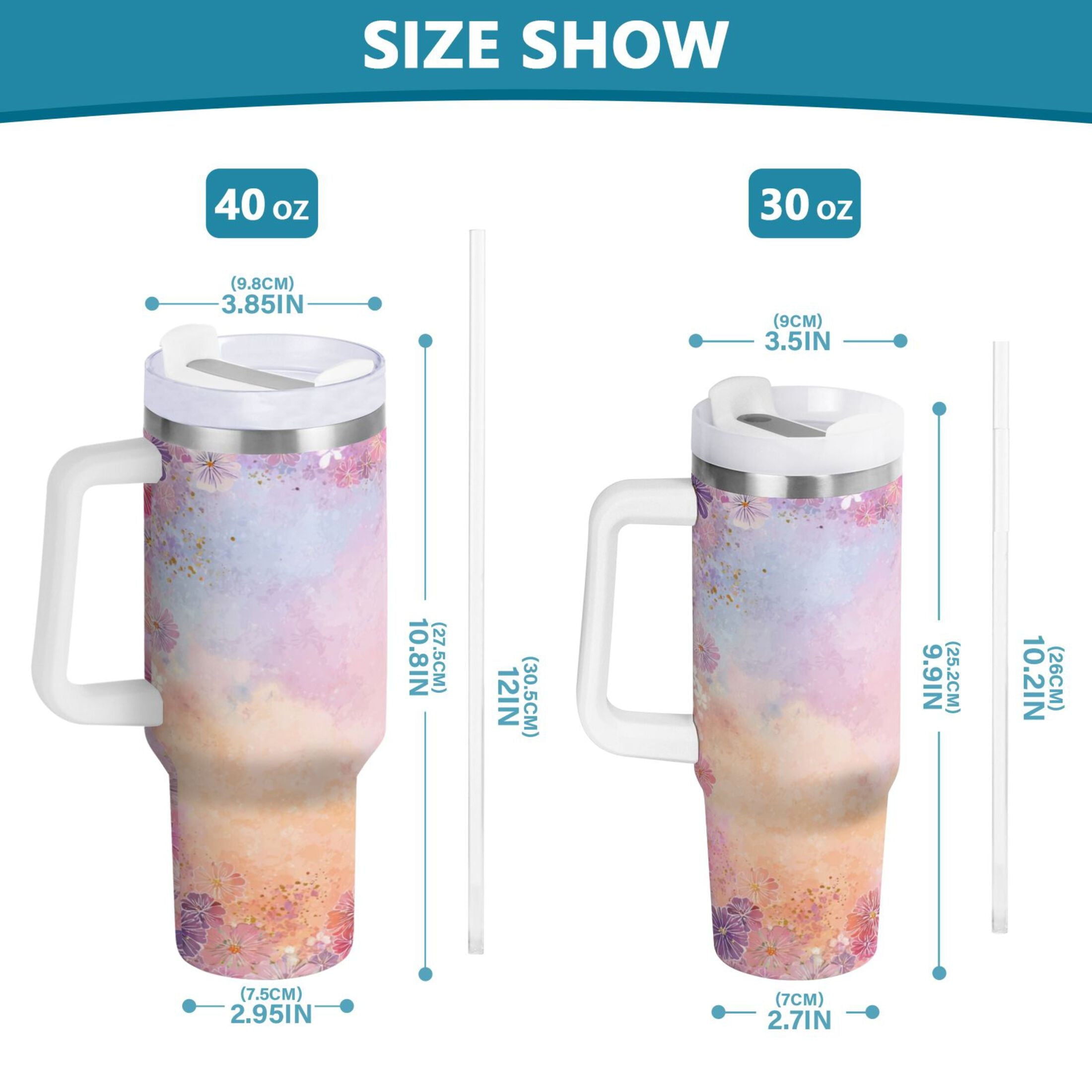 30 oz Insulated Stainless Steel Tumbler Double Wall Stainless Steel Tumbler with 2-Way Drinking Colorful Pastel Floral Pattern M514X