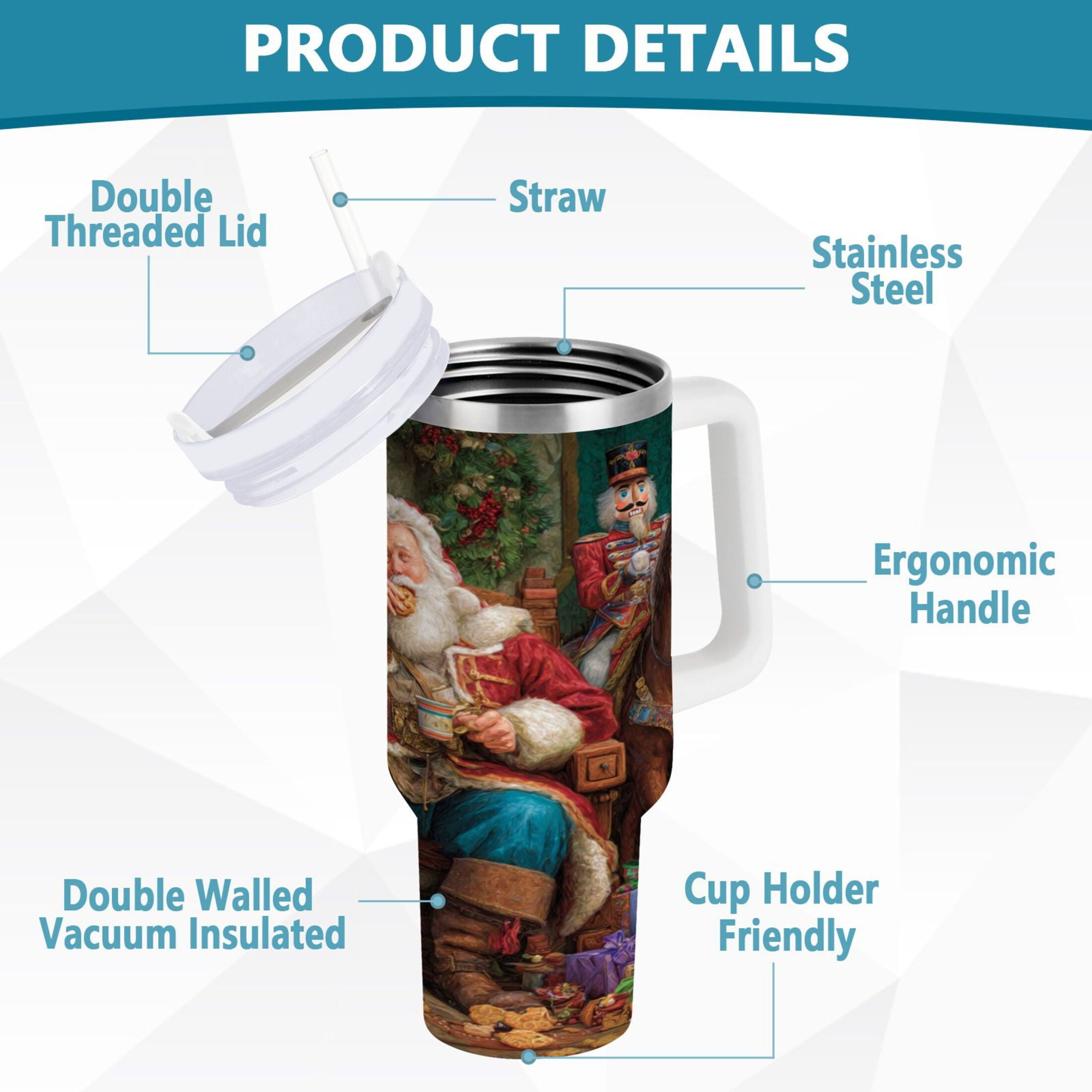 40 oz Insulated Stainless Steel Tumbler Double Wall Stainless Steel Tumbler with 2-Way Drinking Santa Eating Cookies M548G