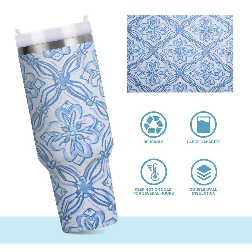 30 oz Insulated Stainless Steel Tumbler Double Wall Stainless Steel Tumbler with 2-Way Drinking Blue Elegant Geometric Design M623G
