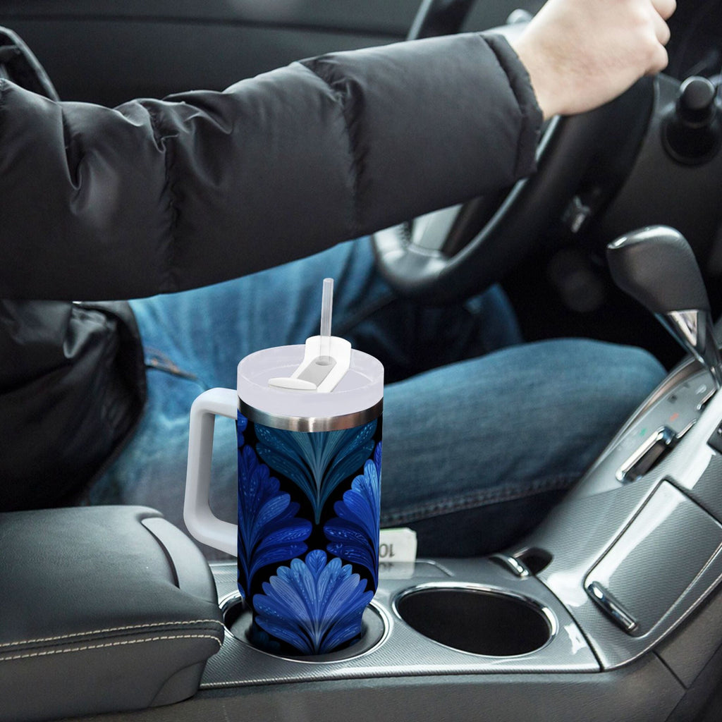 30 oz Insulated Stainless Steel Tumbler Double Wall Stainless Steel Tumbler with 2-Way Drinking Blue Batik Leaves Pattern M525X