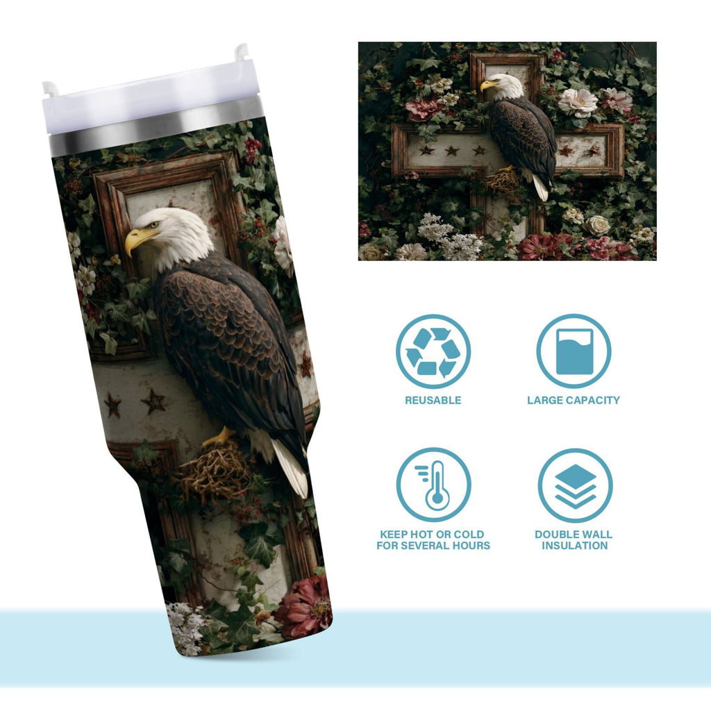 30 oz Insulated Stainless Steel Tumbler Double Wall Stainless Steel Tumbler with 2-Way Drinking Wreath and Bald Eagle M668B