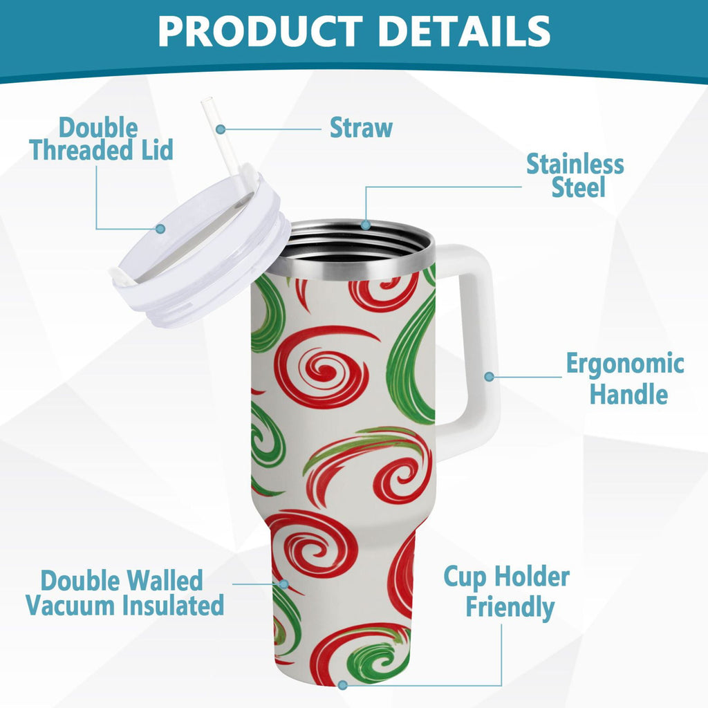 40 oz Insulated Stainless Steel Tumbler Double Wall Stainless Steel Tumbler with 2-Way Drinking Red and Green Swirls M539Y