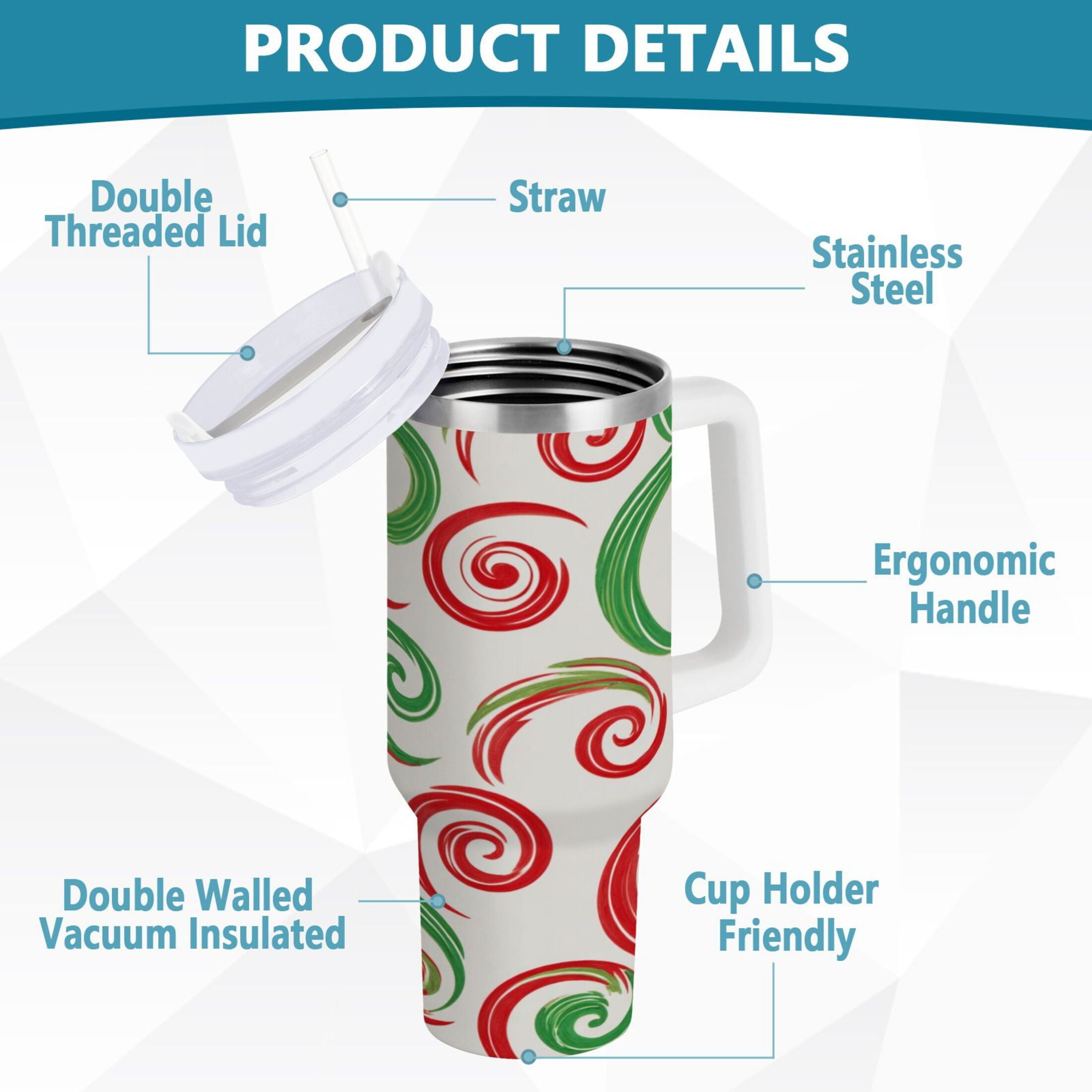 40 oz Insulated Stainless Steel Tumbler Double Wall Stainless Steel Tumbler with 2-Way Drinking Red and Green Swirls M539Y