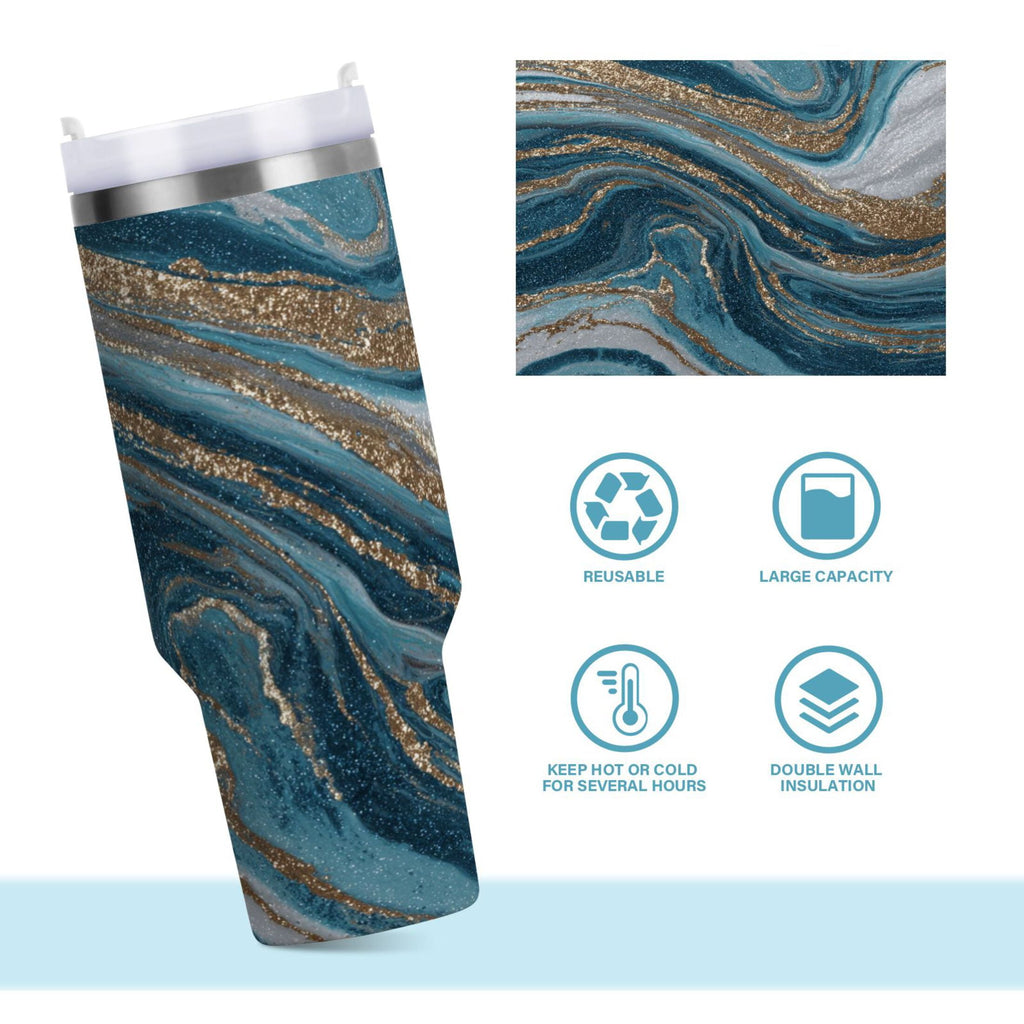 30 oz Insulated Stainless Steel Tumbler Double Wall Stainless Steel Tumbler with 2-Way Drinking Blue and Gold Swirling M497T
