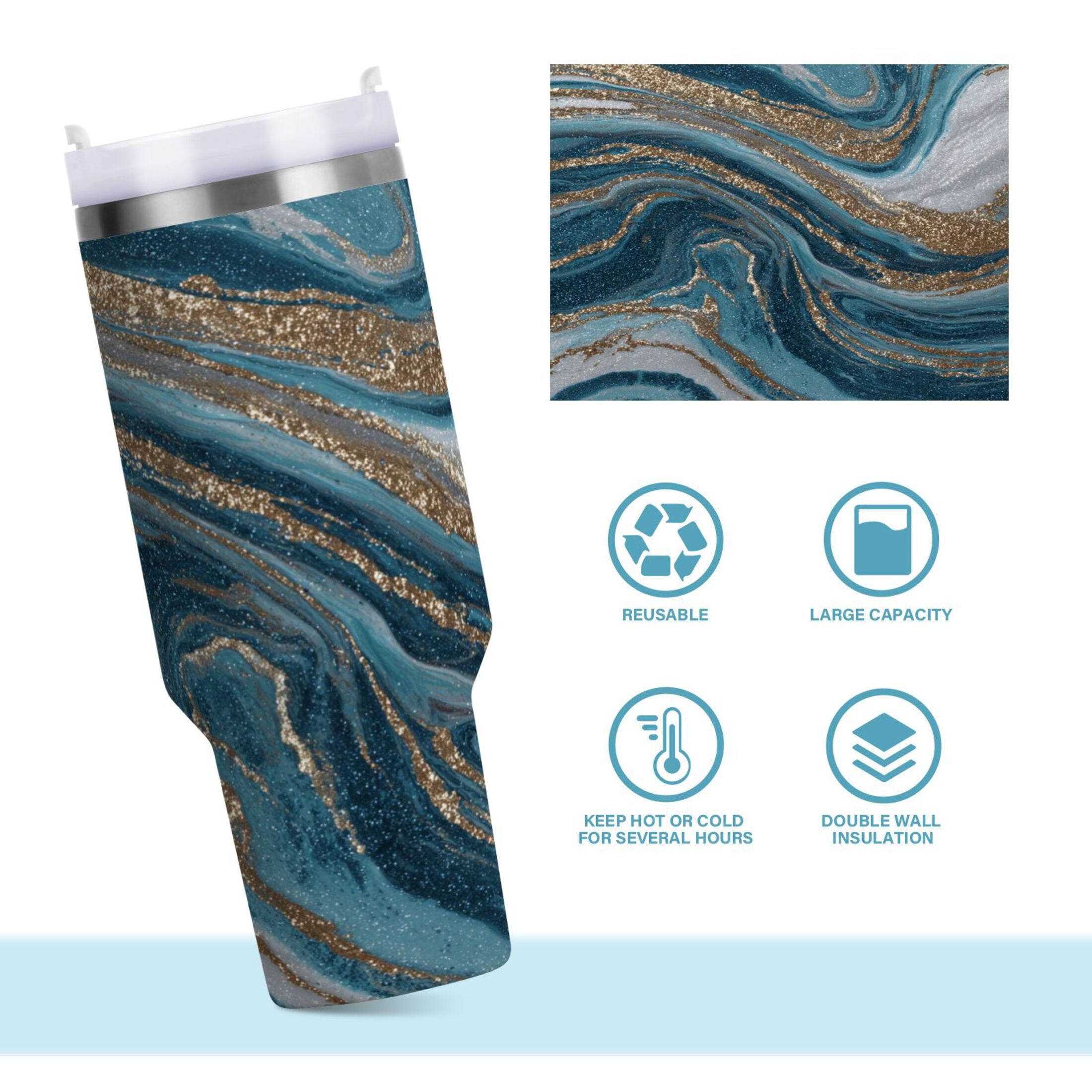 30 oz Insulated Stainless Steel Tumbler Double Wall Stainless Steel Tumbler with 2-Way Drinking Blue and Gold Swirling M497T