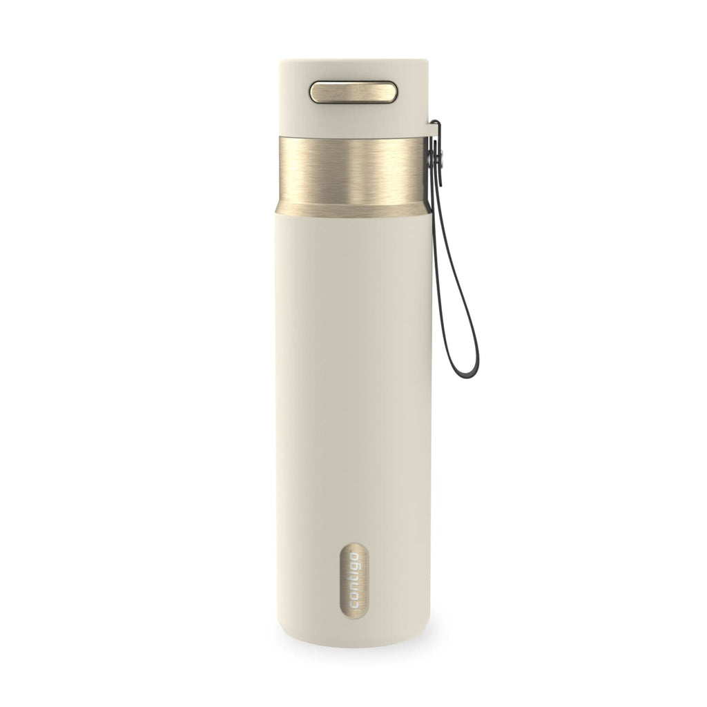 Contigo AutoSeal Leakproof Stainless Steel Reusable Water Bottle Tumbler with Carrying Strap, Cream/Champagne, 24 oz M19Y