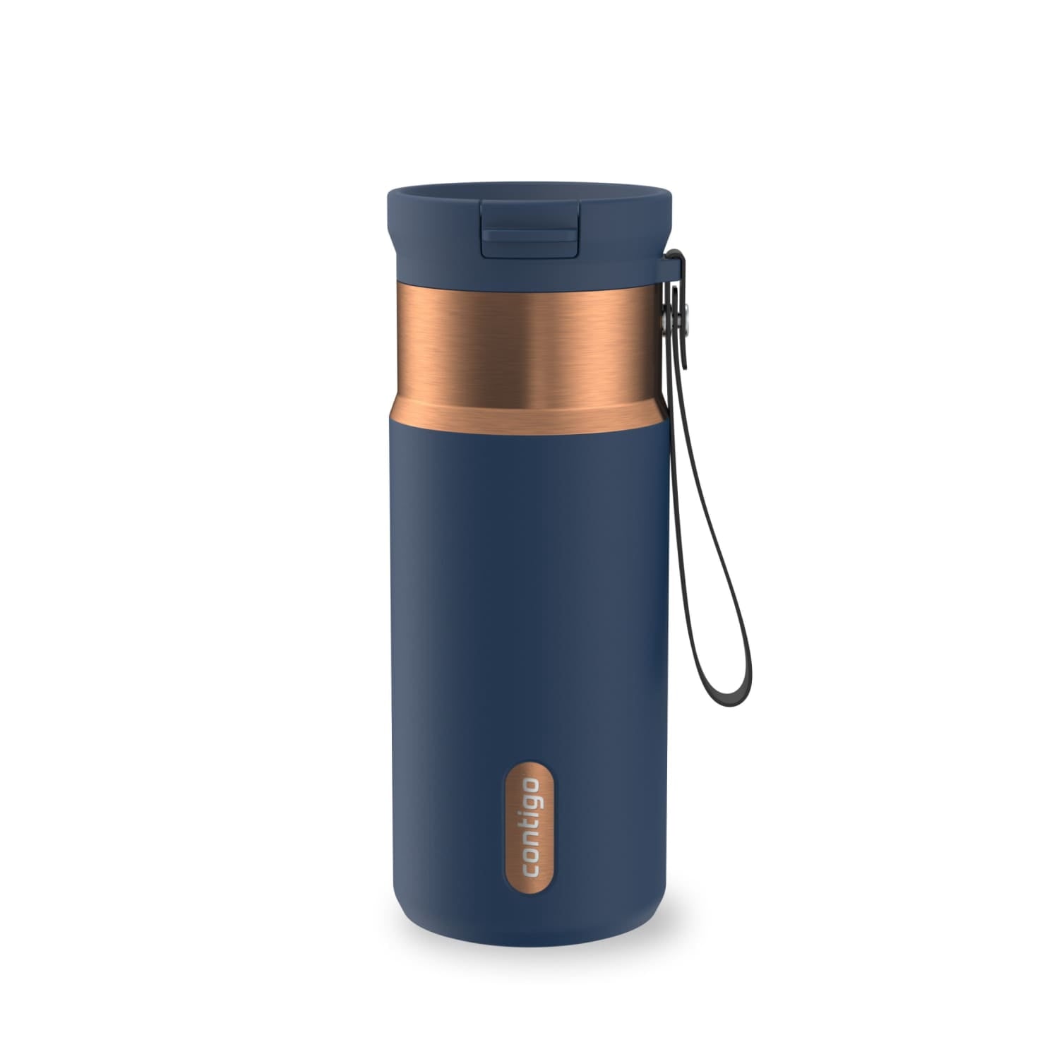 Contigo SnapSeal Leakproof Stainless Steel Reusable Water Bottle with Carrying Strap, Black/Bronze, 16 oz M65U