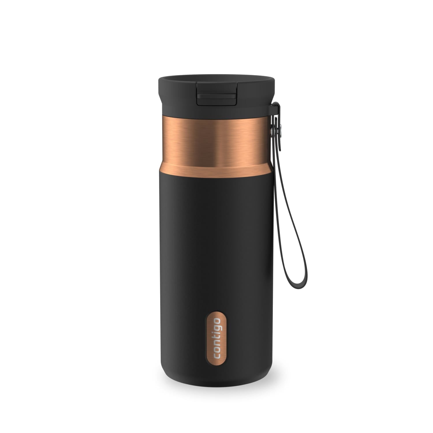 Contigo SnapSeal Leakproof Stainless Steel Reusable Water Bottle with Carrying Strap, Black/Bronze, 16 oz M65U