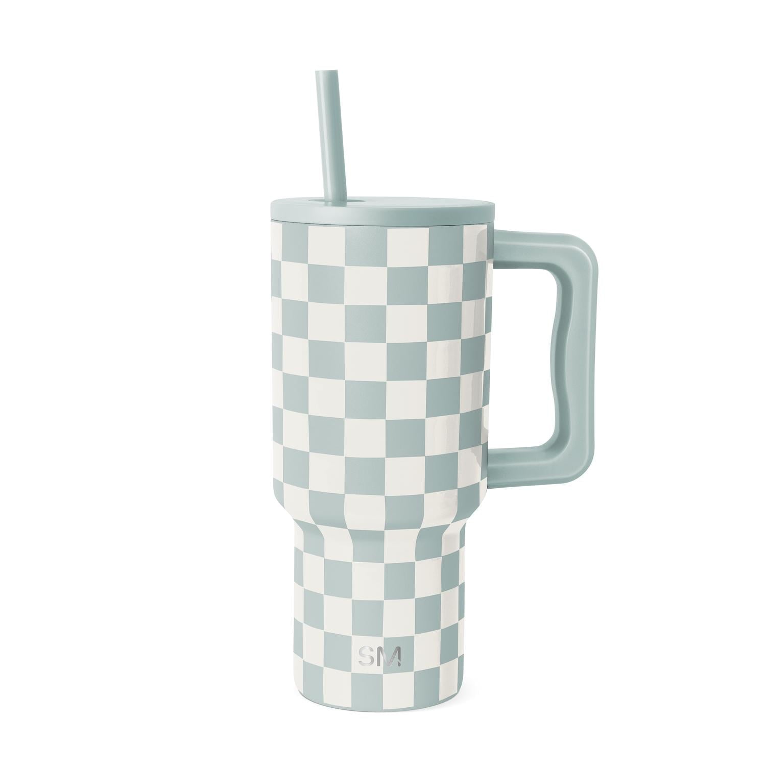 Simple Modern 30 fl oz Insulated Stainless Steel Trek Tumbler with Straw Lid | Seaglass Sage and Cream Checkmate M690P