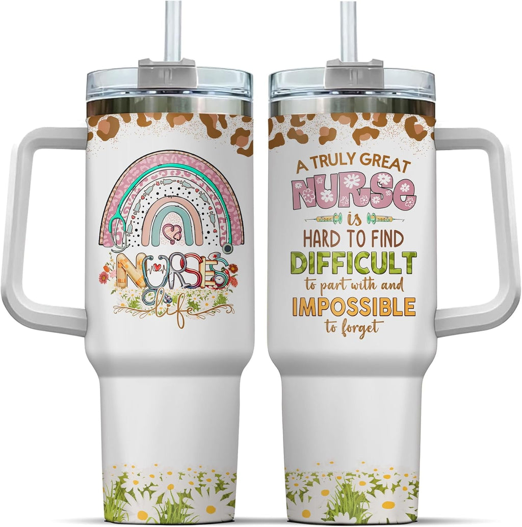 Tumbler 40 Oz With Handle Lid And Straw, Nurse Gifts, Black Camo White Engraved Print Travel Nurses Tumblers Handle Funny Cups Nursing For, Great Nurse Rainbow Daisy Flower M683Y
