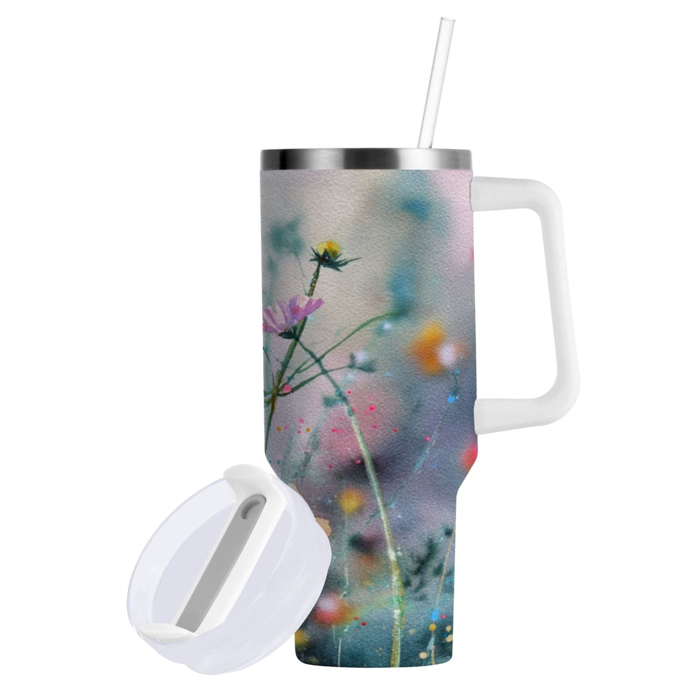 40 oz Insulated Stainless Steel Tumbler Double Wall Stainless Steel Tumbler with 2-Way Drinking Abstract Wildflowers M504D